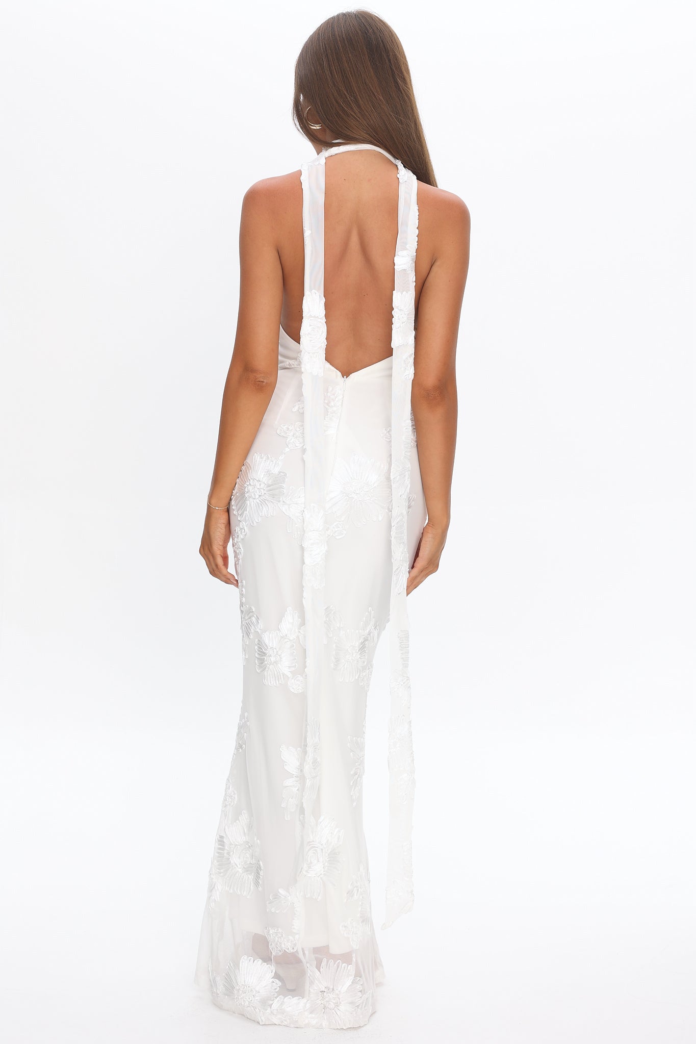 Cipriana Backless Halter Maxi Dress Embellished Floral White XL
