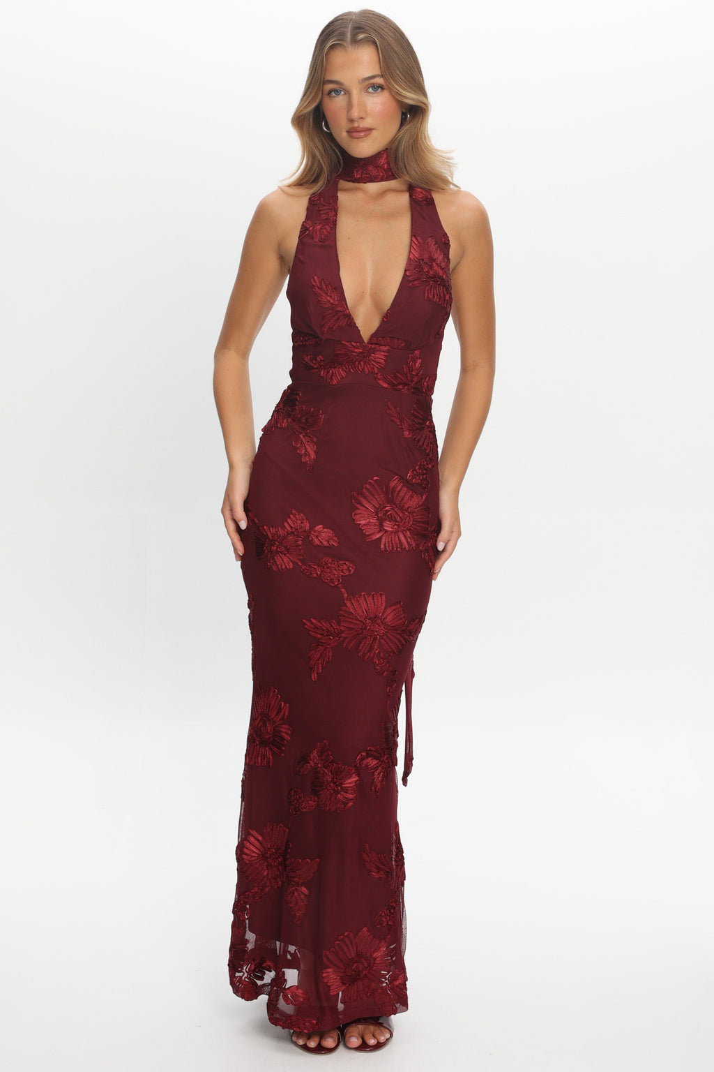 Cipriana Backless Halter Maxi Dress Embellished Wine - S