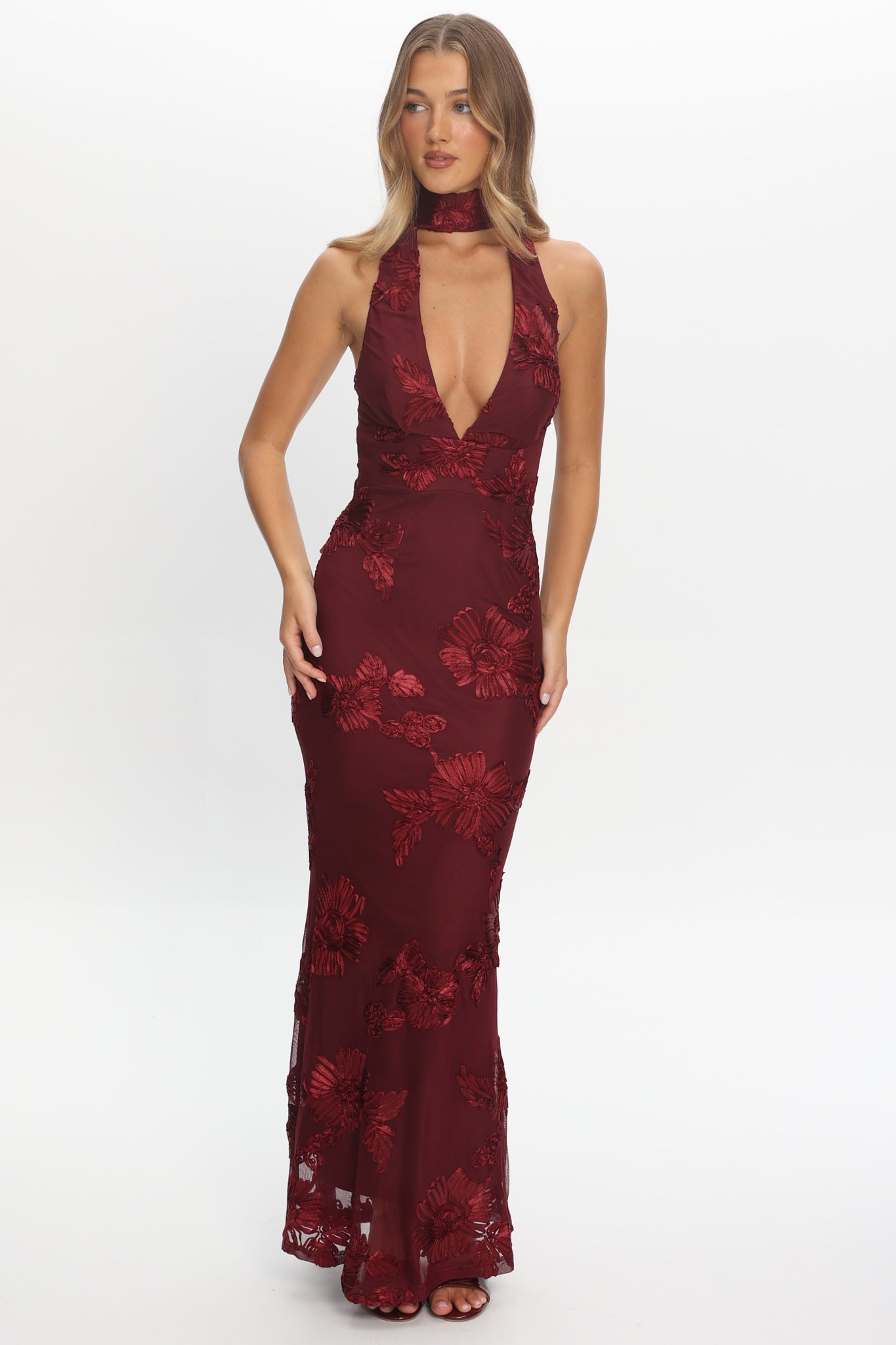 Cipriana Backless Halter Maxi Dress Embellished Wine | Selfie Leslie