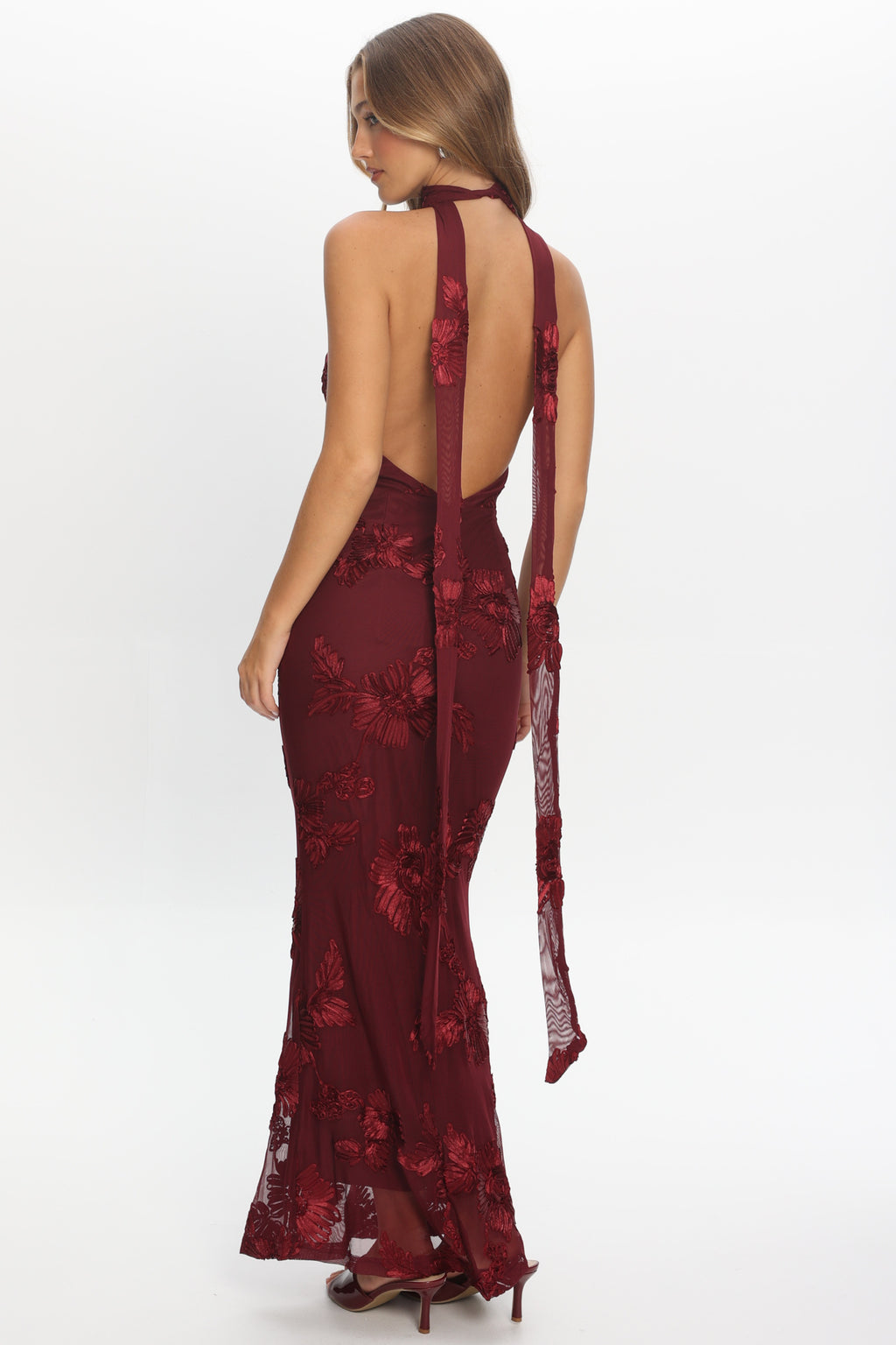 Cipriana Backless Halter Maxi Dress Embellished Wine - XS
