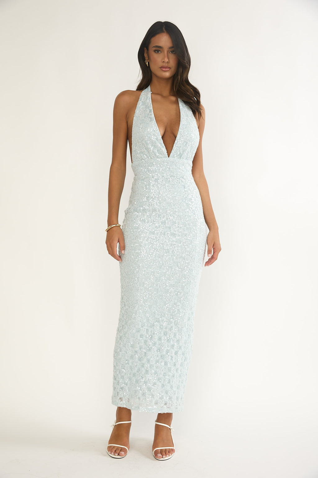 Cipriana Backless Halter Maxi Dress Sequin Blue by Selfie Leslie
