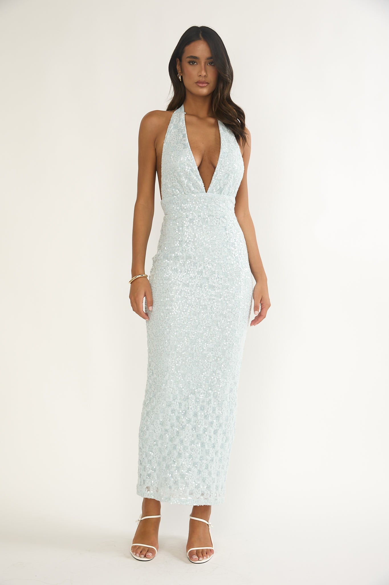 Cipriana Backless Halter Maxi Dress Sequin Blue by Selfie Leslie