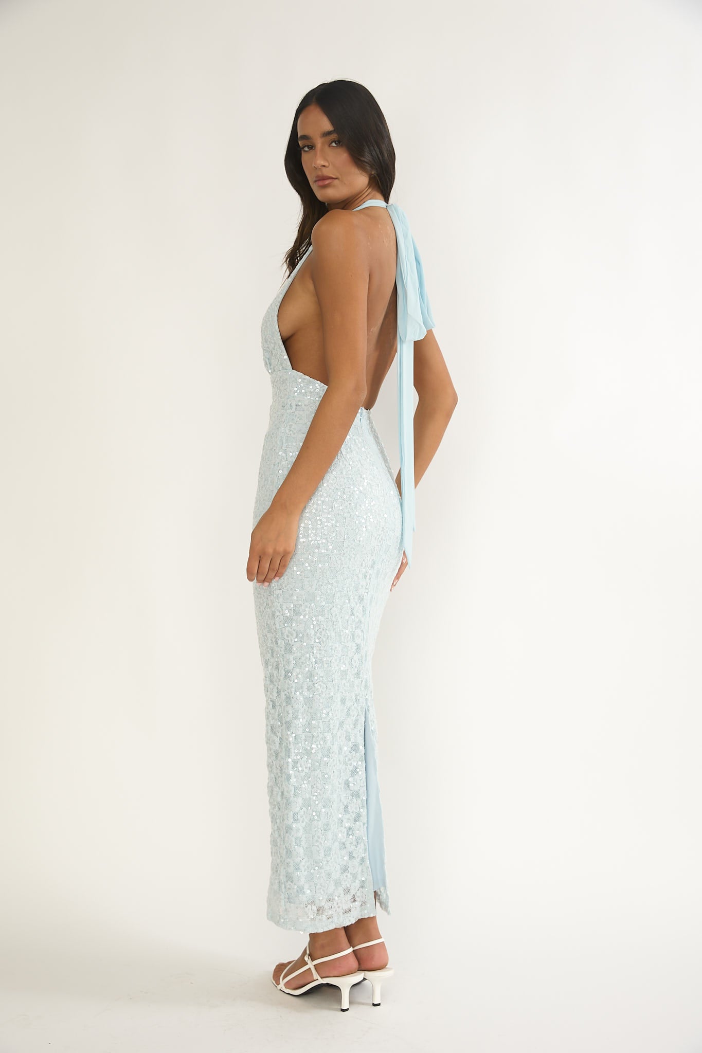 significant other darcy backless halter dresses Cipriana Backless Halter Maxi Dress Sequin Blue