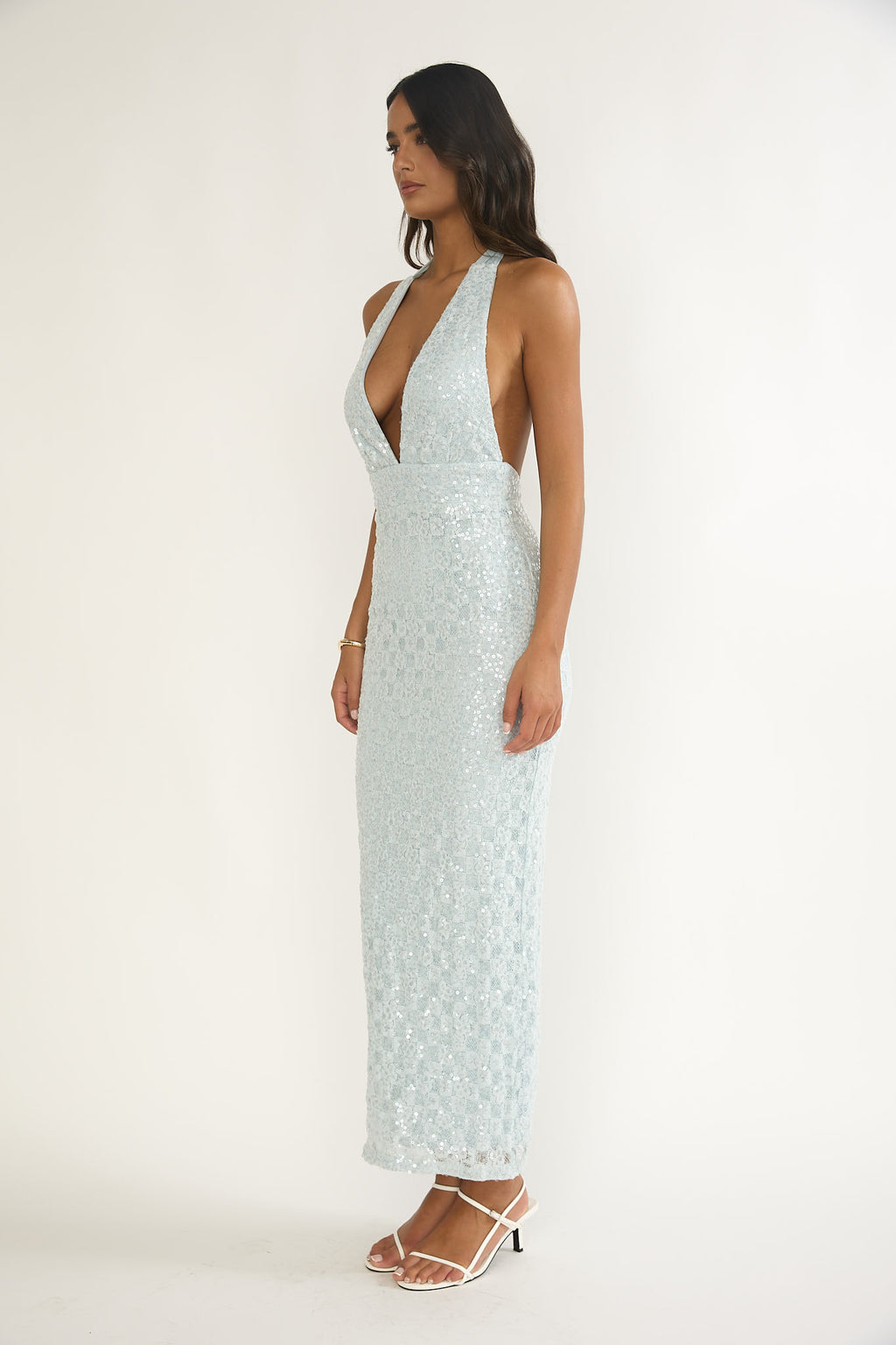 Cipriana Backless Halter Maxi Dress Sequin Blue by Selfie Leslie