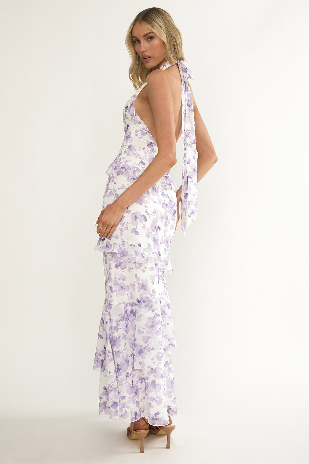 Cipriana Frill Trim Halter Maxi Dress Floral Purple by Selfie Leslie