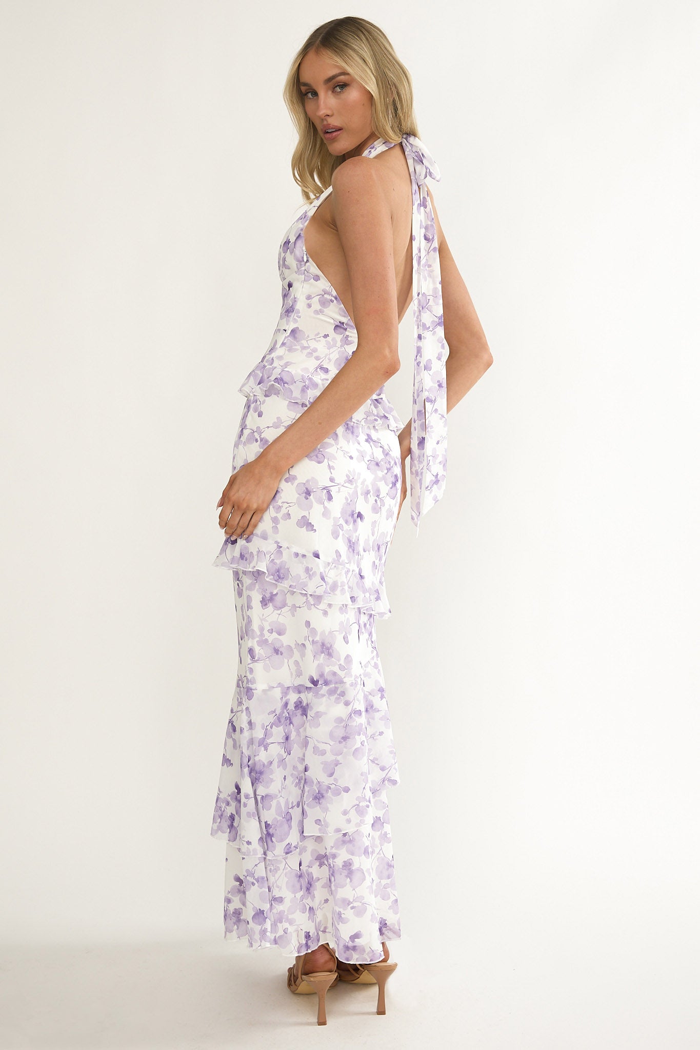 Cipriana Frill Trim Halter Maxi Dress Floral Purple by Selfie Leslie