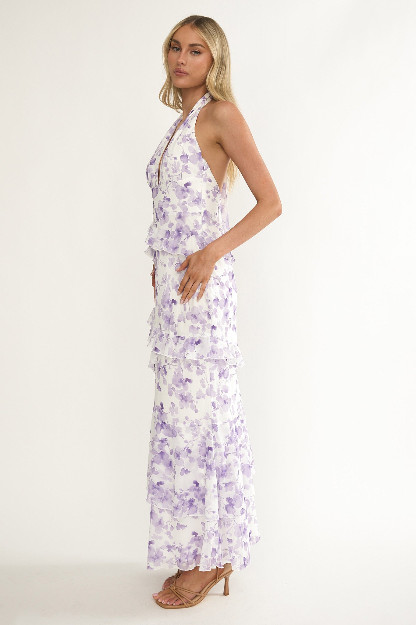 Cipriana Frill Trim Halter Maxi Dress Floral Purple by Selfie Leslie