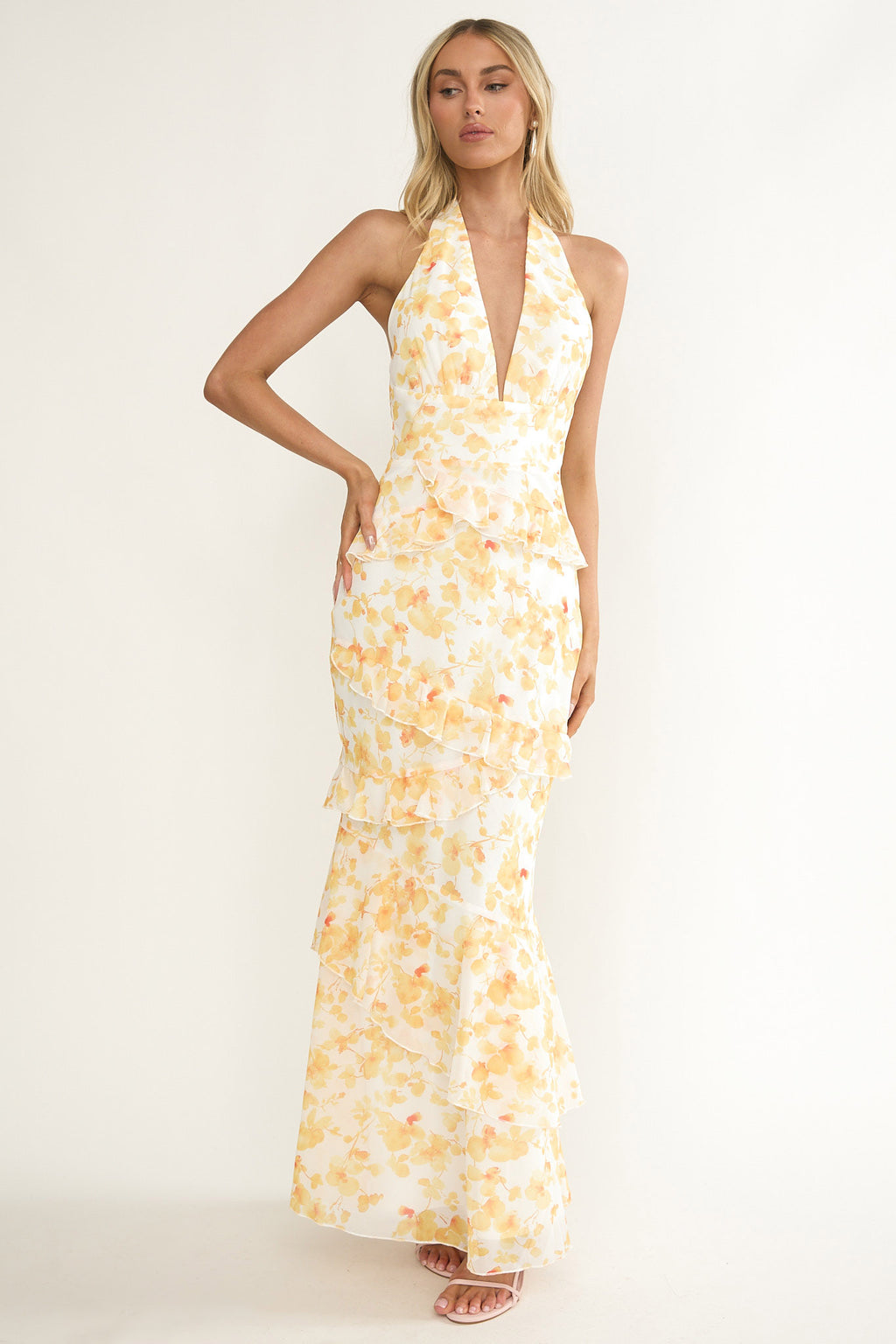 Cipriana Frill Trim Halter Maxi Dress Floral Yellow by Selfie Leslie