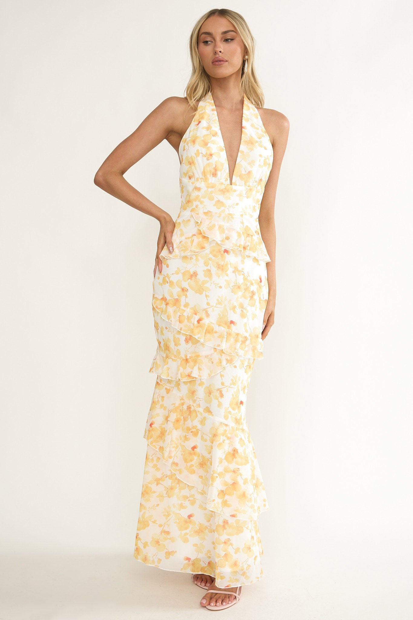 Cipriana Frill Trim Halter Maxi Dress Floral Yellow by Selfie Leslie