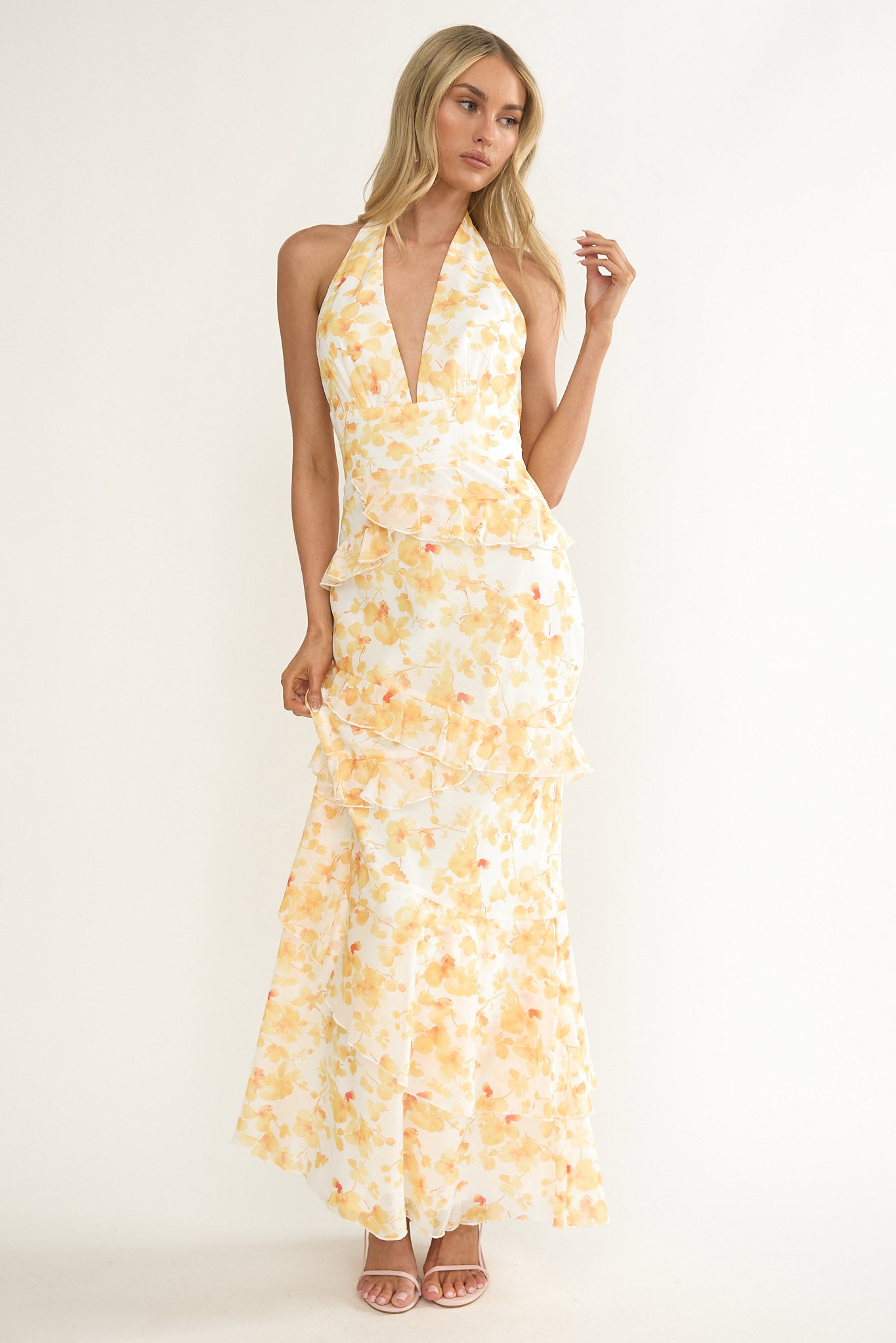 Cipriana Frill Trim Halter Maxi Dress Floral Yellow by Selfie Leslie