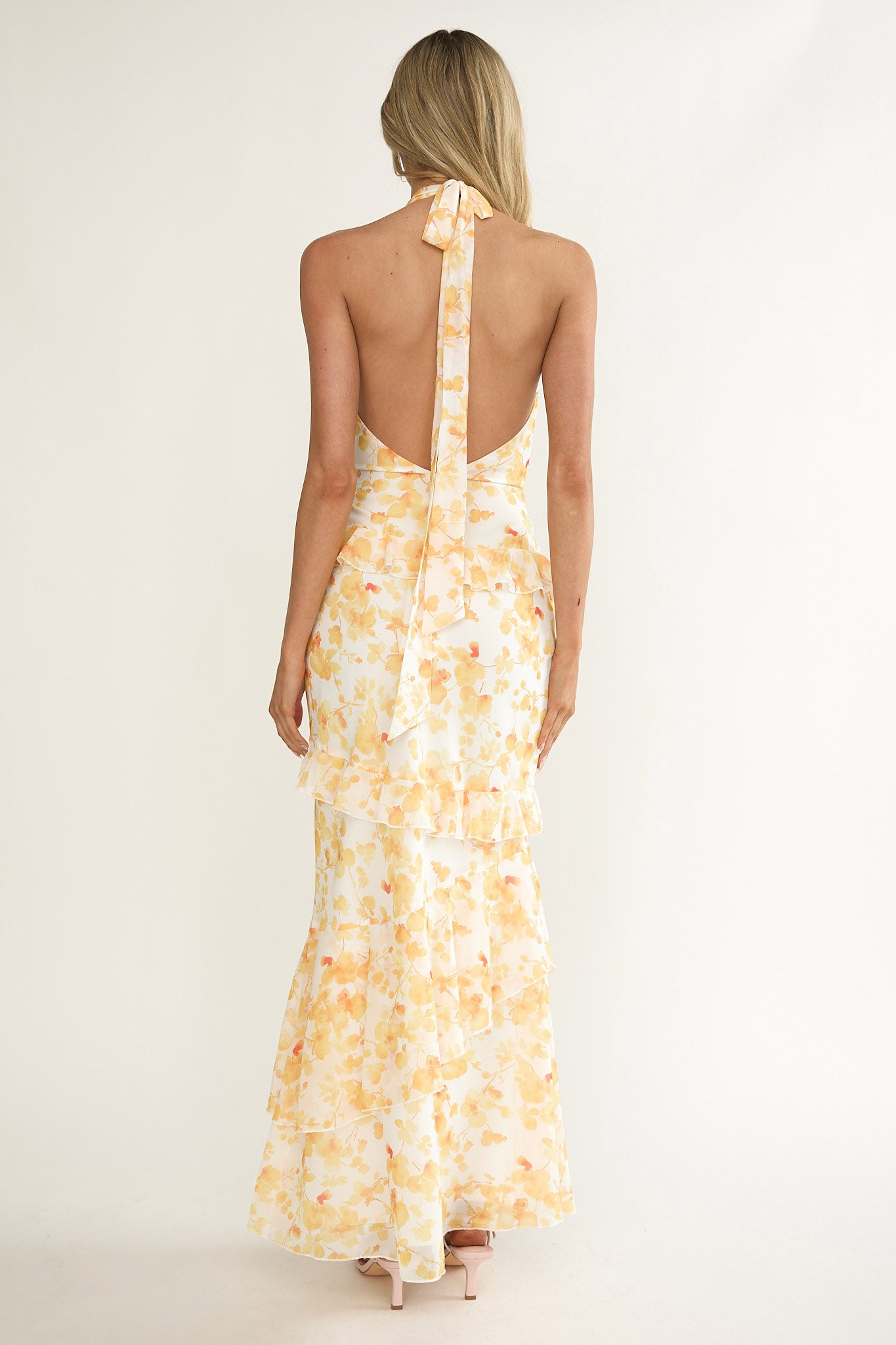 Cipriana Frill Trim Halter Maxi Dress Floral Yellow by Selfie Leslie