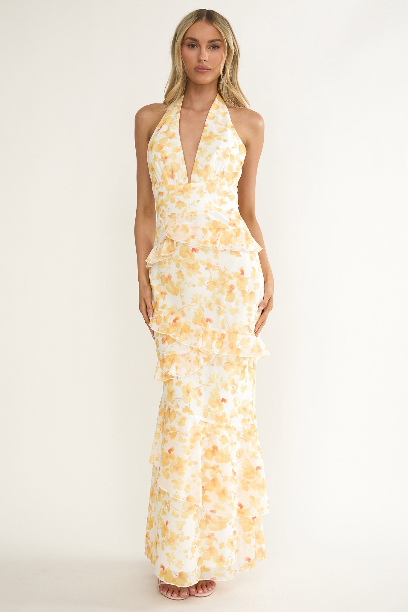 Cipriana Frill Trim Halter Maxi Dress Floral Yellow by Selfie Leslie