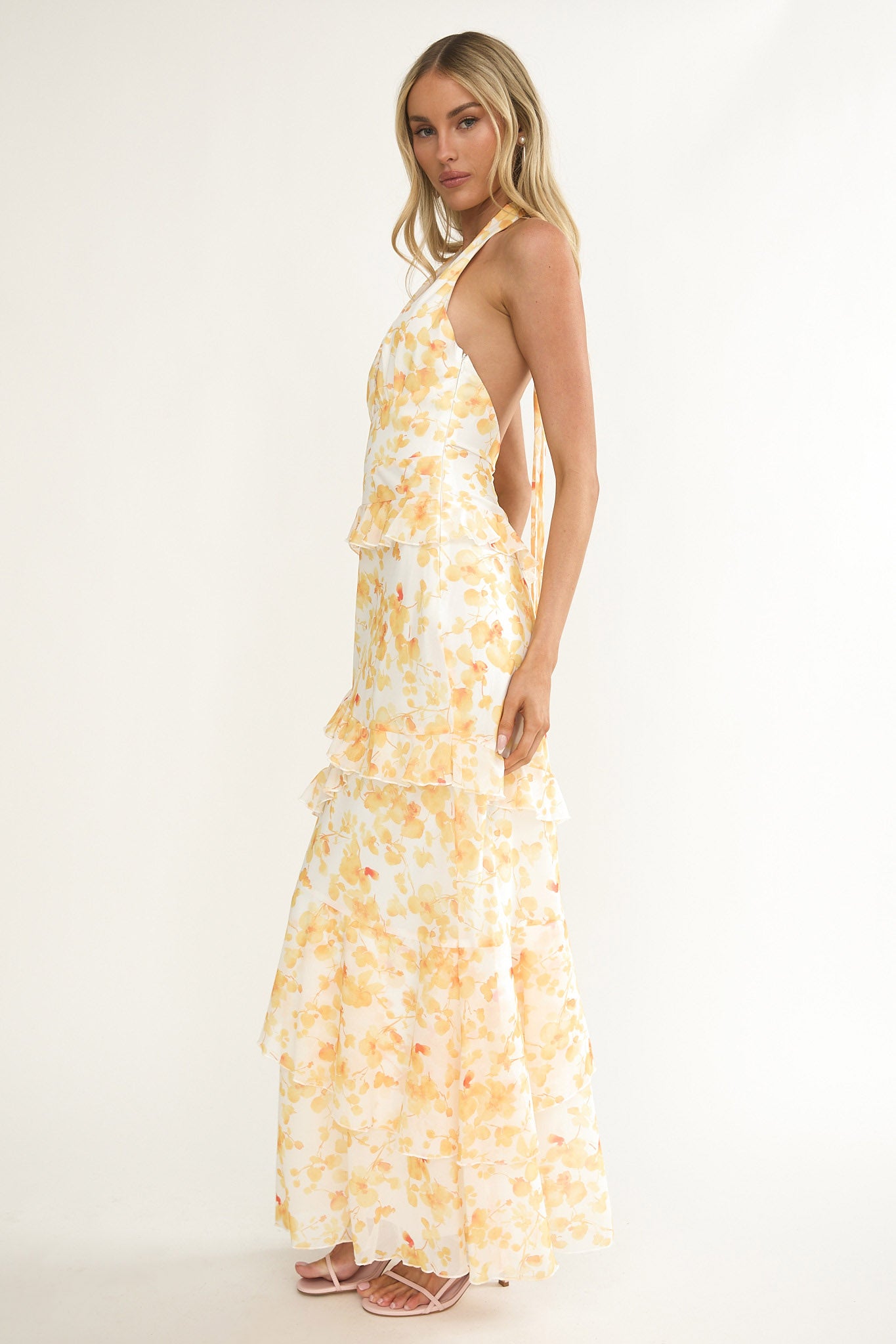 Cipriana Frill Trim Halter Maxi Dress Floral Yellow by Selfie Leslie
