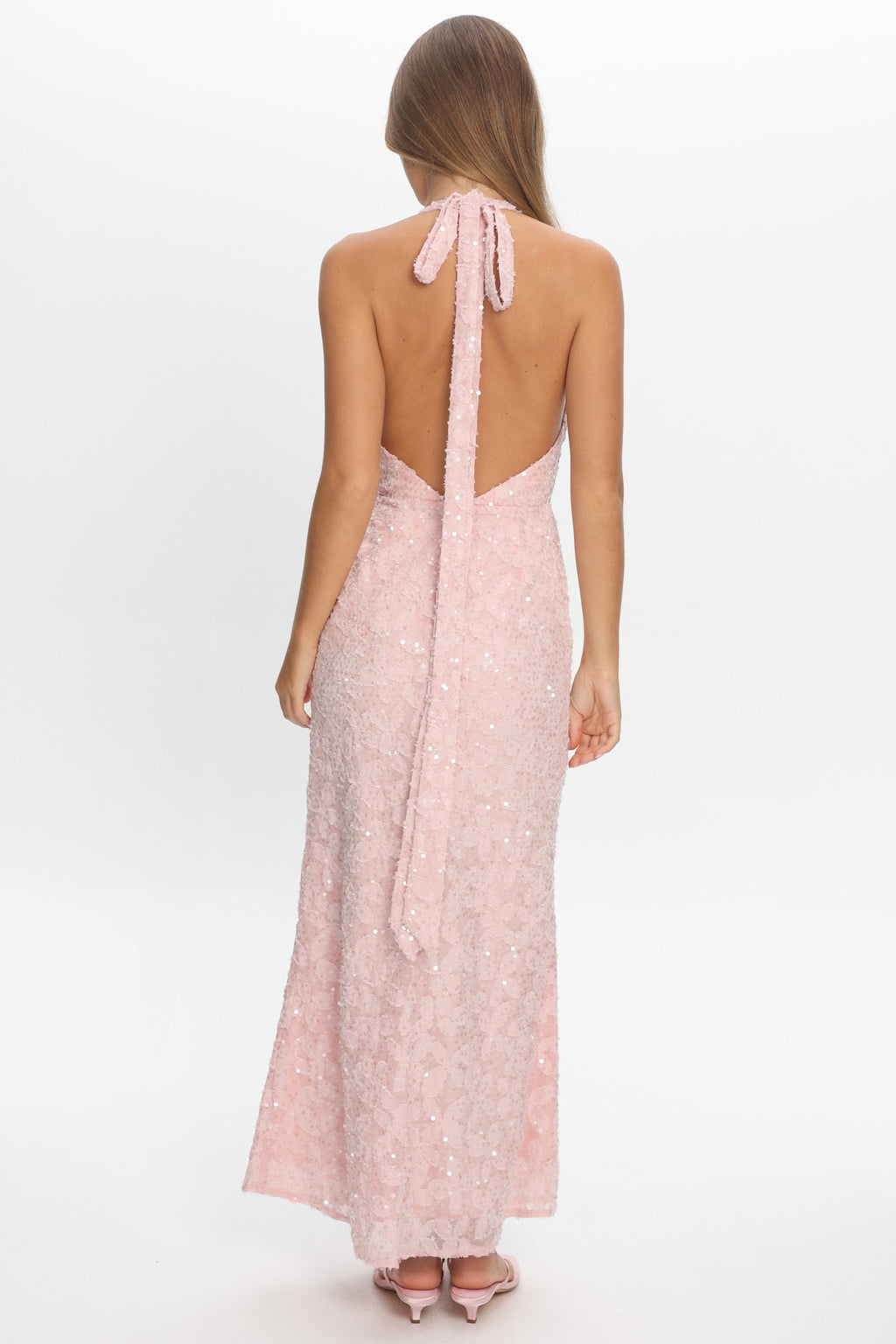 Ruelle Backless Halter Maxi Dress Sequin Blush