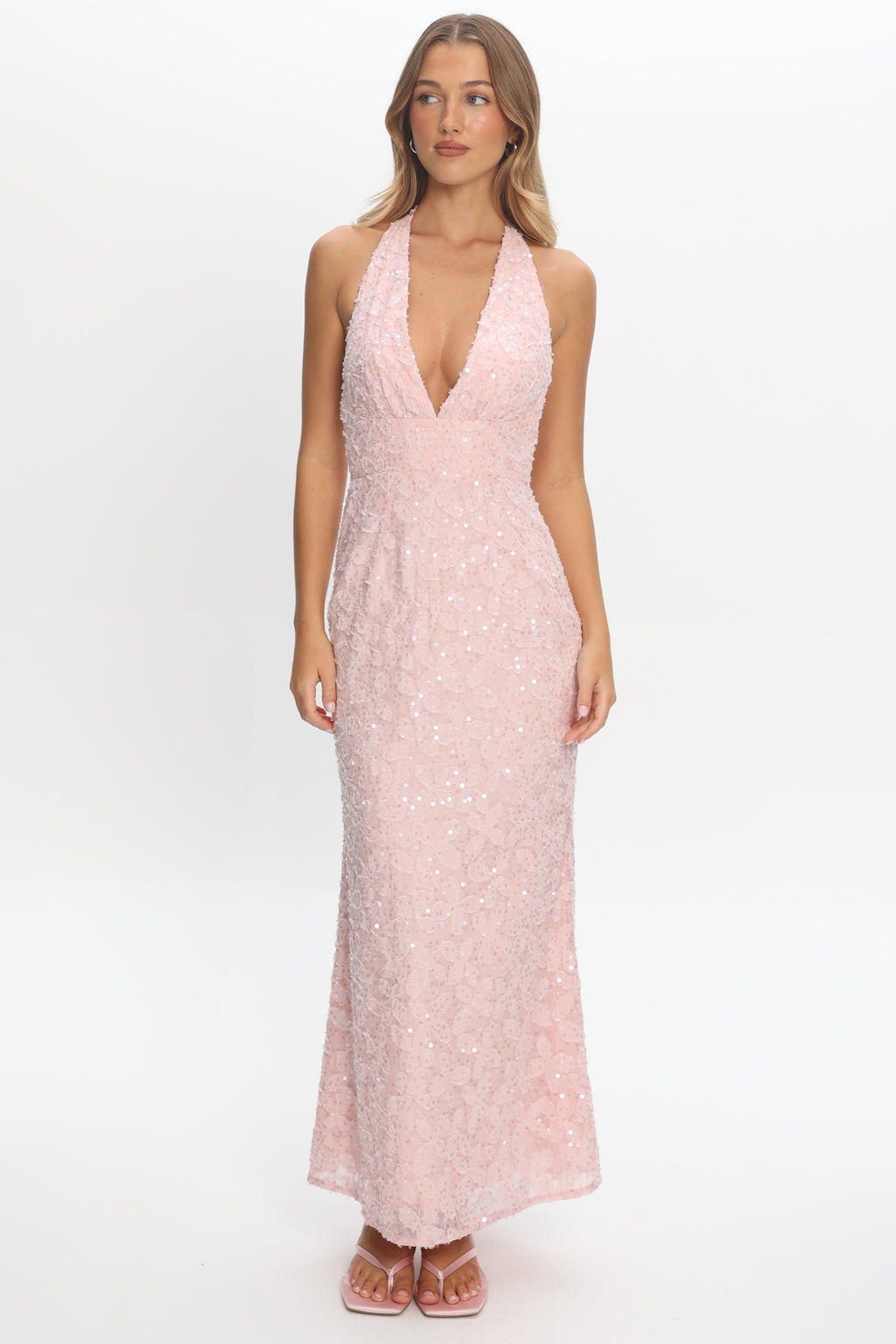 Ruelle Backless Halter Maxi Dress Sequin Blush