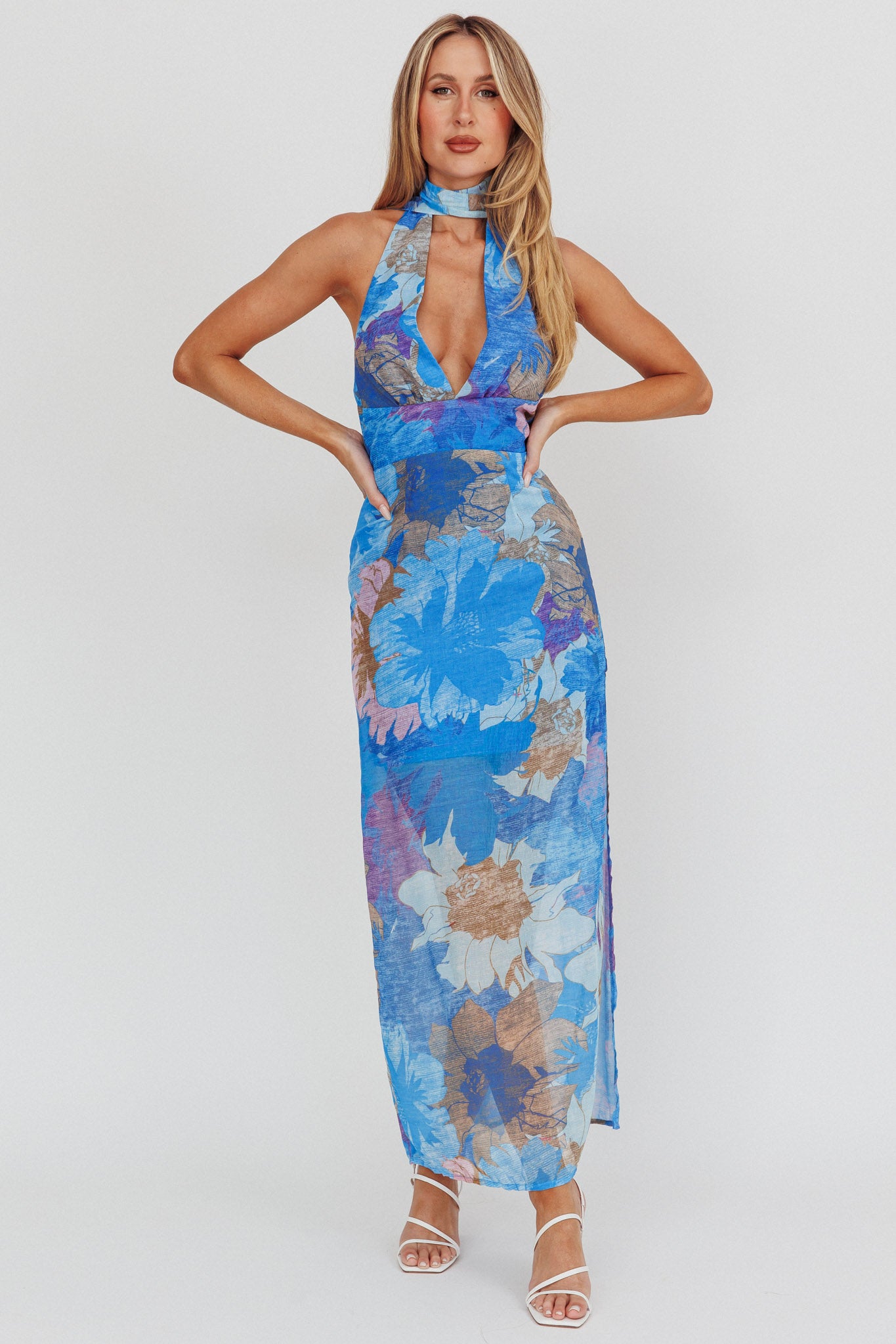 Cipriana Backless Halter Maxi Dress Floral Blue | Selfie Leslie Cipriana Backless Halter Maxi Dress Floral Blue | Selfie Leslie