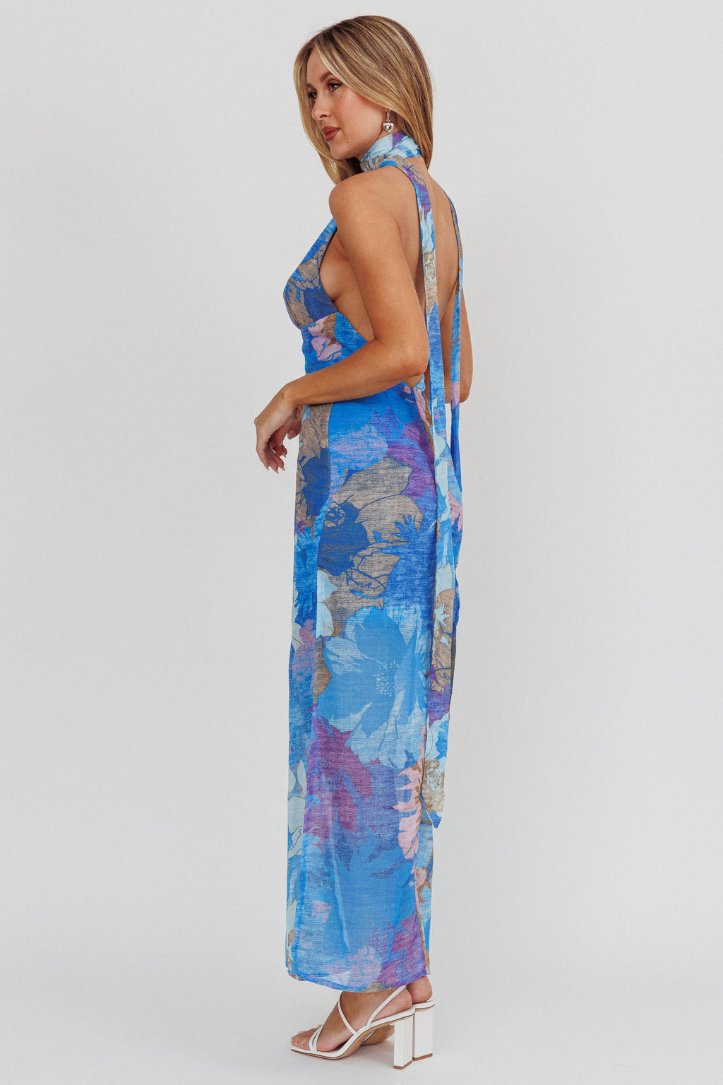 Cipriana Backless Halter Maxi Dress Floral Blue by Selfie Leslie
