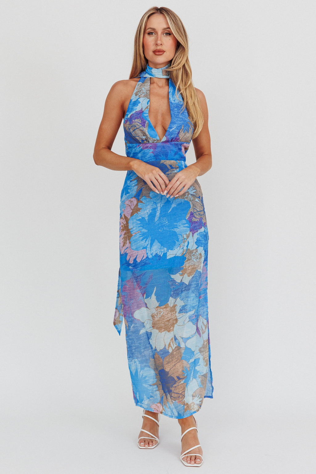 Cipriana Backless Halter Maxi Dress Floral Blue by Selfie Leslie