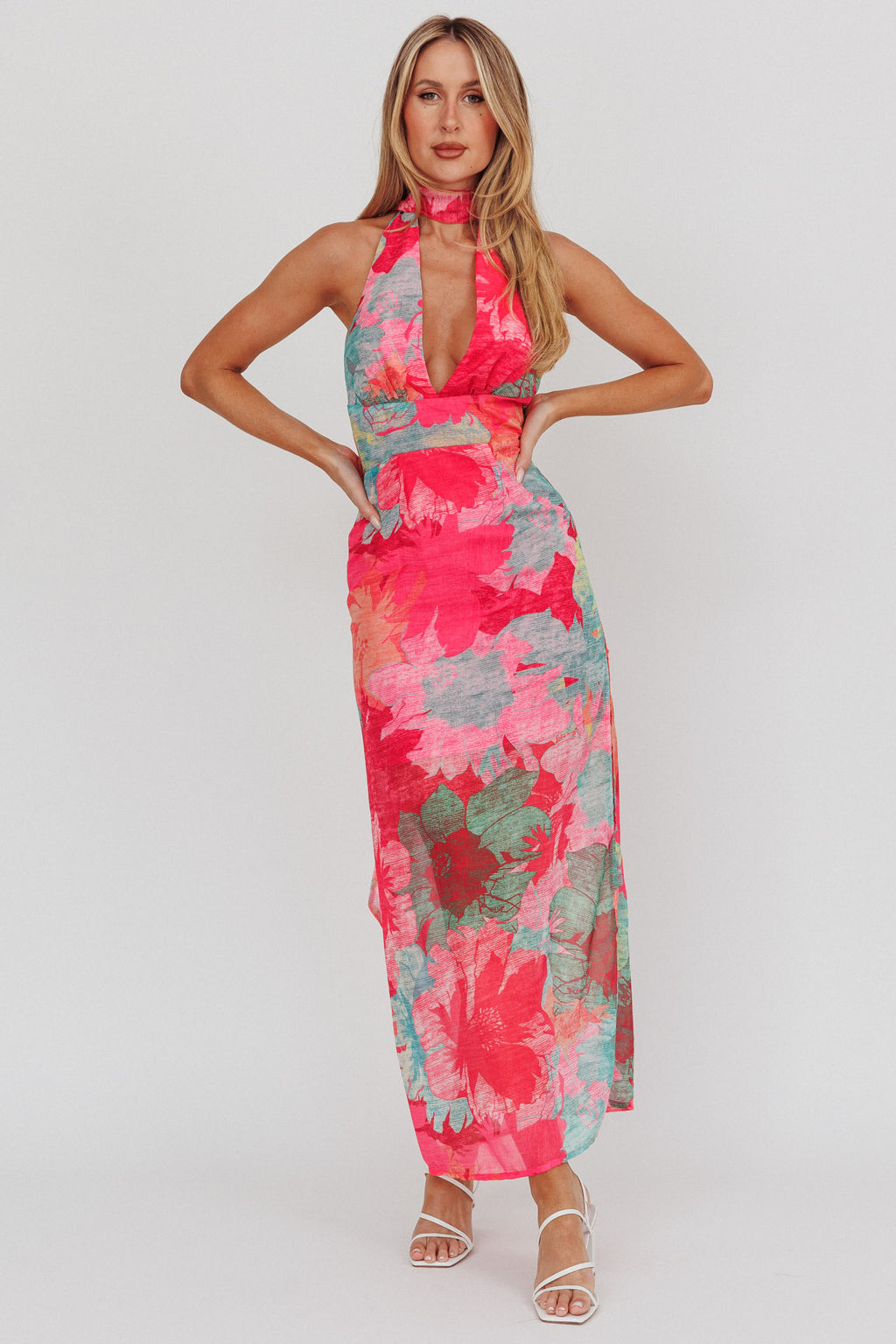 Cipriana Backless Halter Maxi Dress Floral Fuchsia by Selfie Leslie