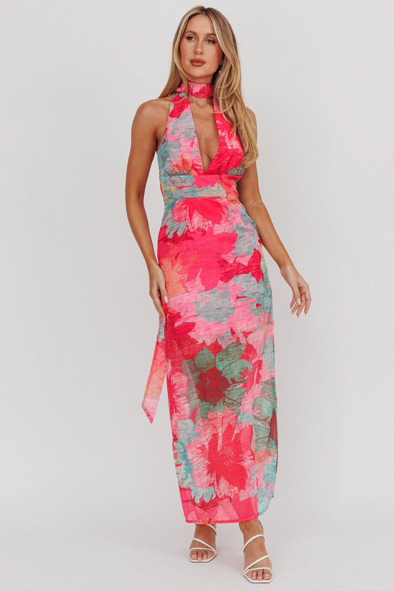 thumbnail image 2 of Womens Halter Floral Maxi Dress Deep V Neck Backless Bodycon 2 of 9