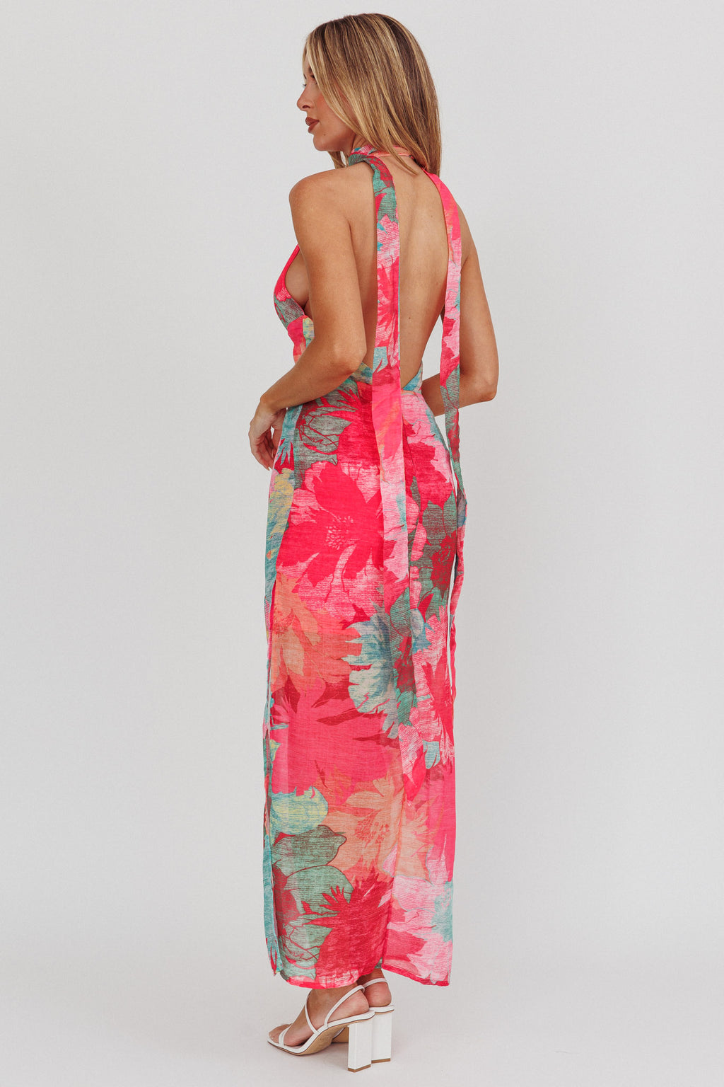 Cipriana Backless Halter Maxi Dress Floral Fuchsia by Selfie Leslie