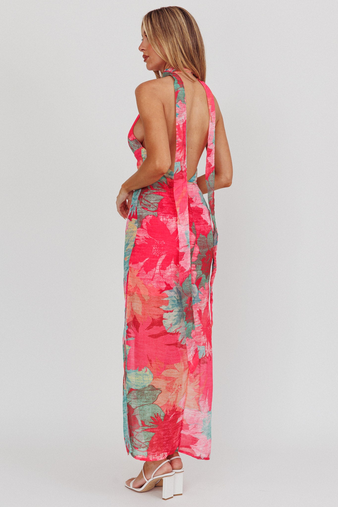 Cipriana Backless Halter Maxi Dress Floral Fuchsia by Selfie Leslie
