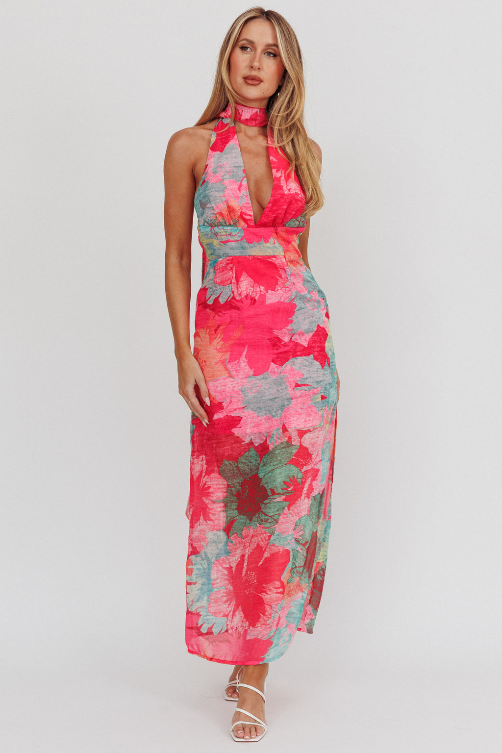 Cipriana Backless Halter Maxi Dress Floral Fuchsia by Selfie Leslie
