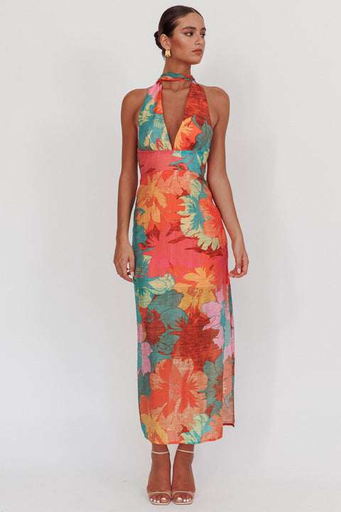 Tropical Formal Dress Code Yellow Multi Halter Dress Satin Maxi Dress Satin  Halter Dress Lulus
