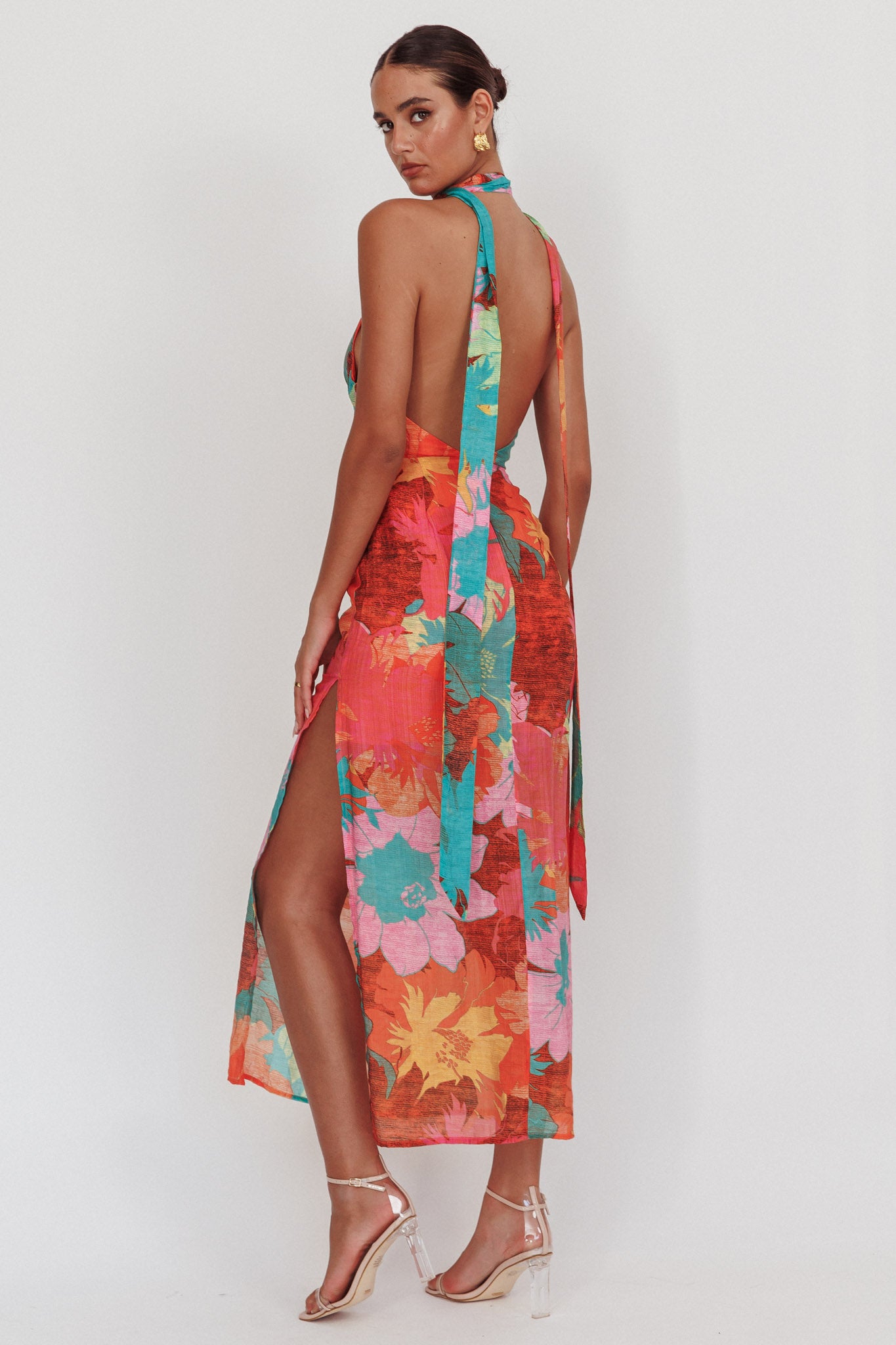 Shop the Cipriana Backless Halter Maxi Dress Floral Pink