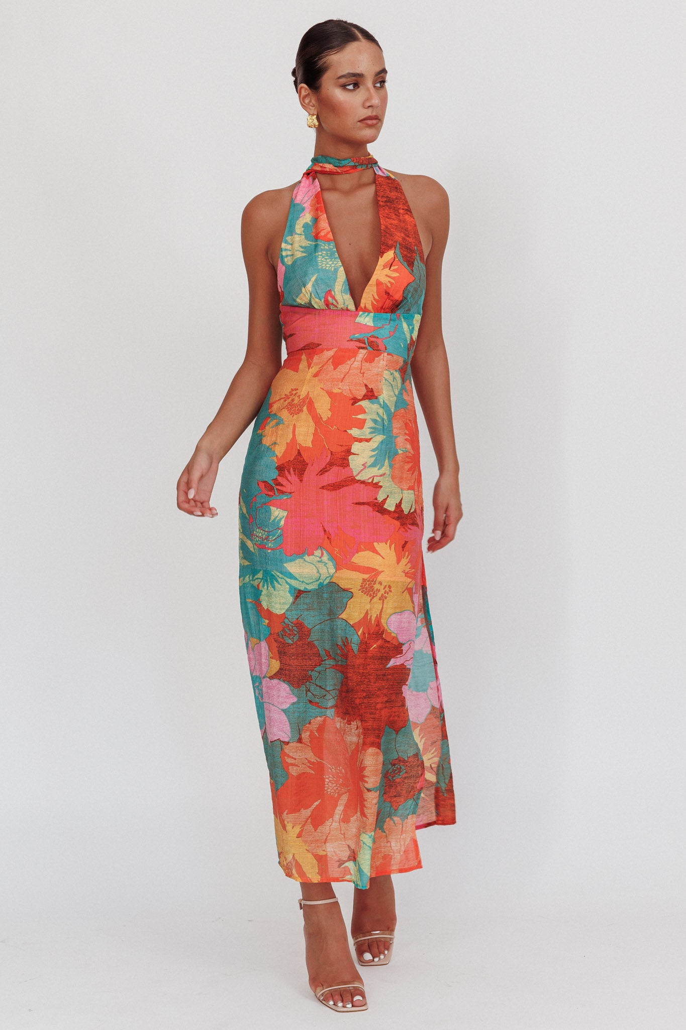 Shop the Cipriana Backless Halter Maxi Dress Floral Pink