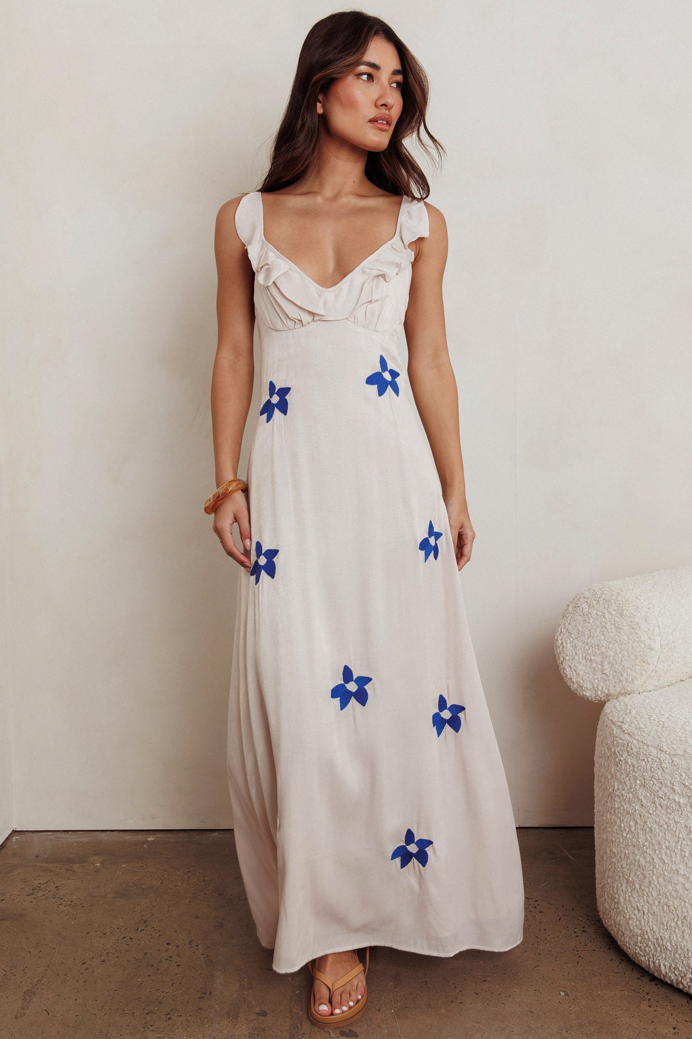 Hibiscus Ruffle A-line Maxi Dress Bone by Selfie Leslie