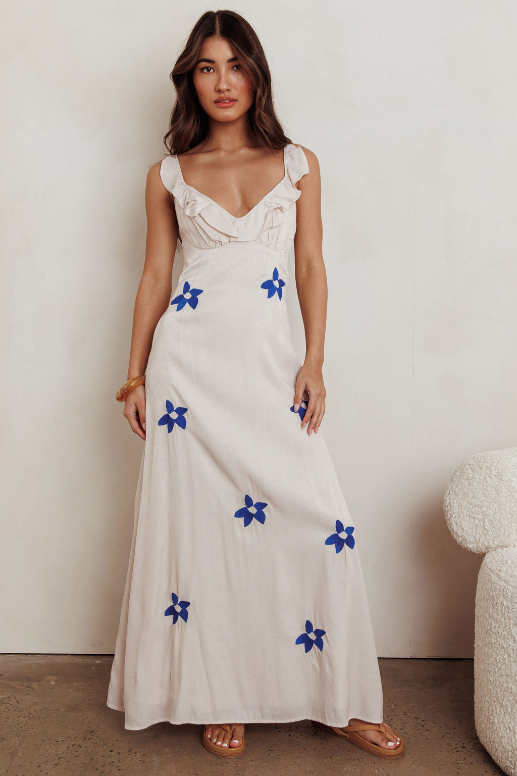 Hibiscus Ruffle A-line Maxi Dress Bone by Selfie Leslie