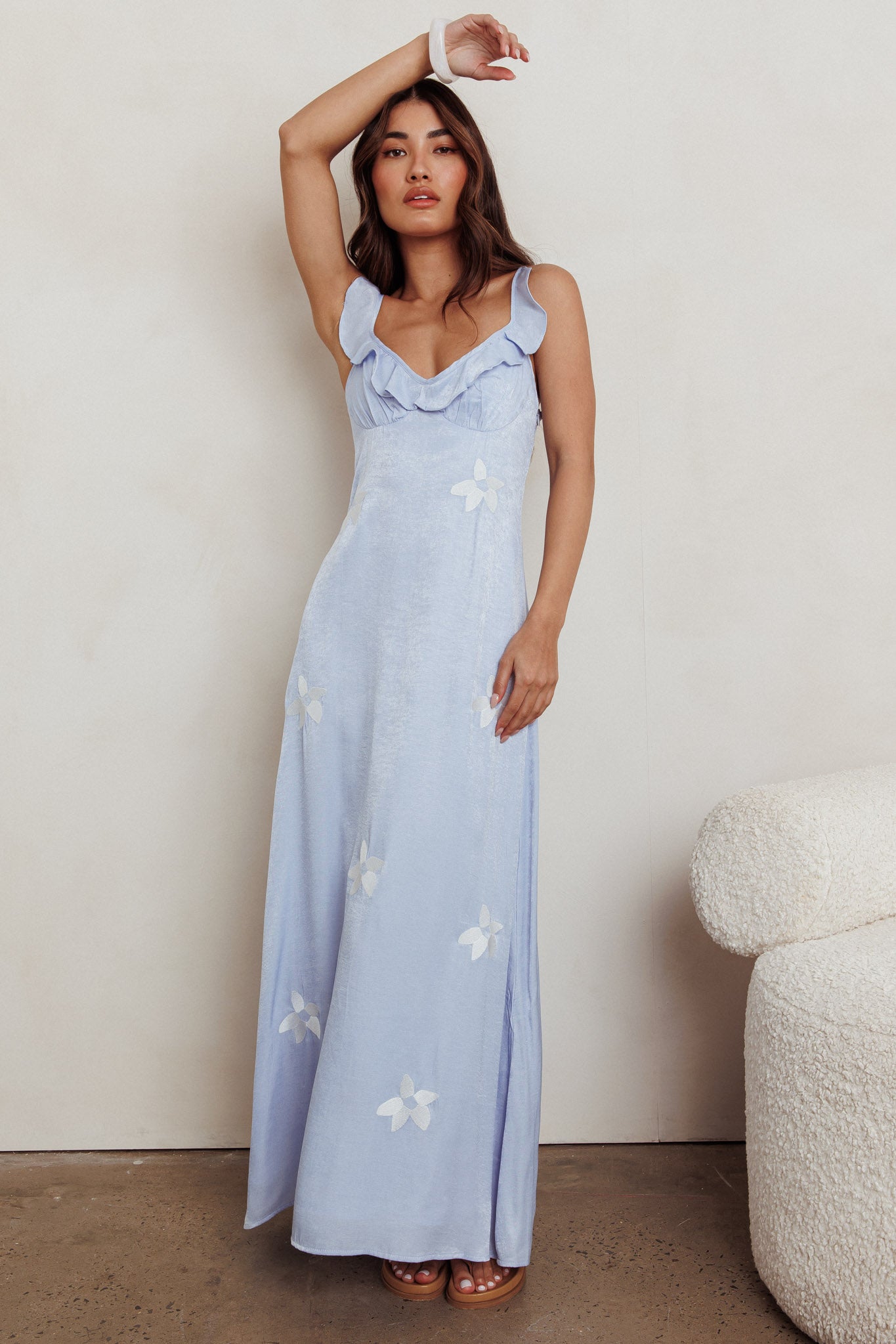 Hibiscus Ruffle A-line Maxi Dress Blue by Selfie Leslie