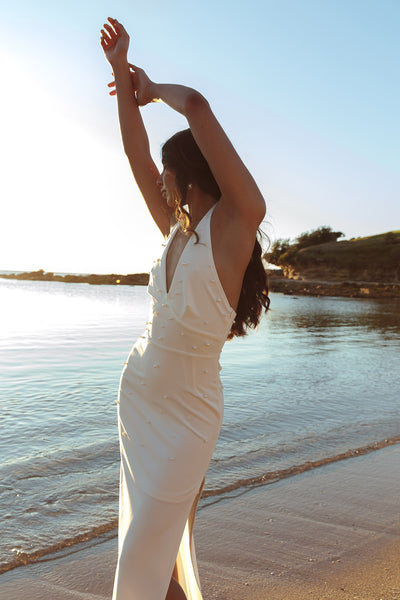 Crystal Lake Halter Neck Pearl Maxi Dress White | Selfie Leslie Crystal Lake Halter Neck Pearl Maxi Dress White | Selfie Leslie