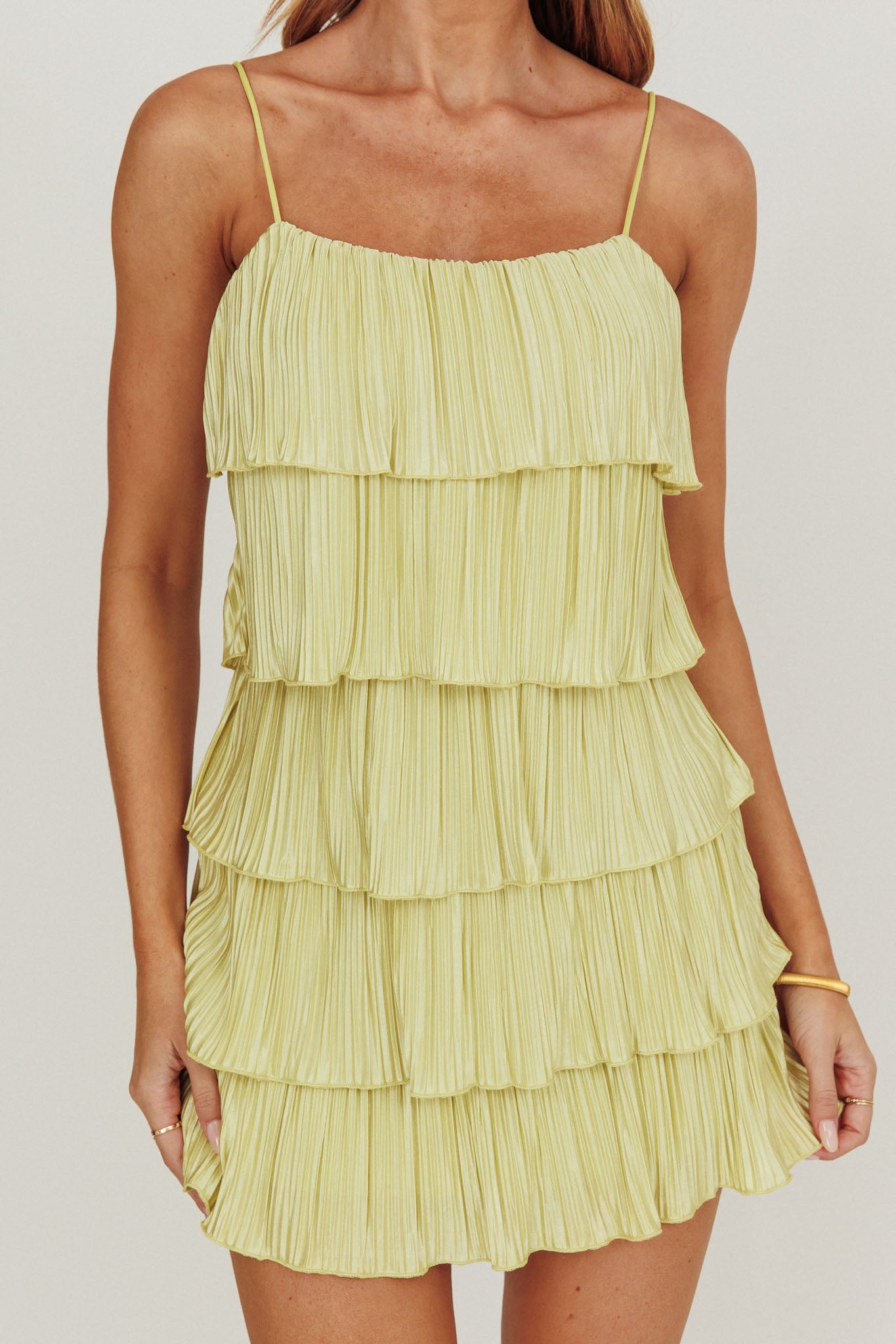 My Type Plisse Tiered Mini Dress Sage by Selfie Leslie