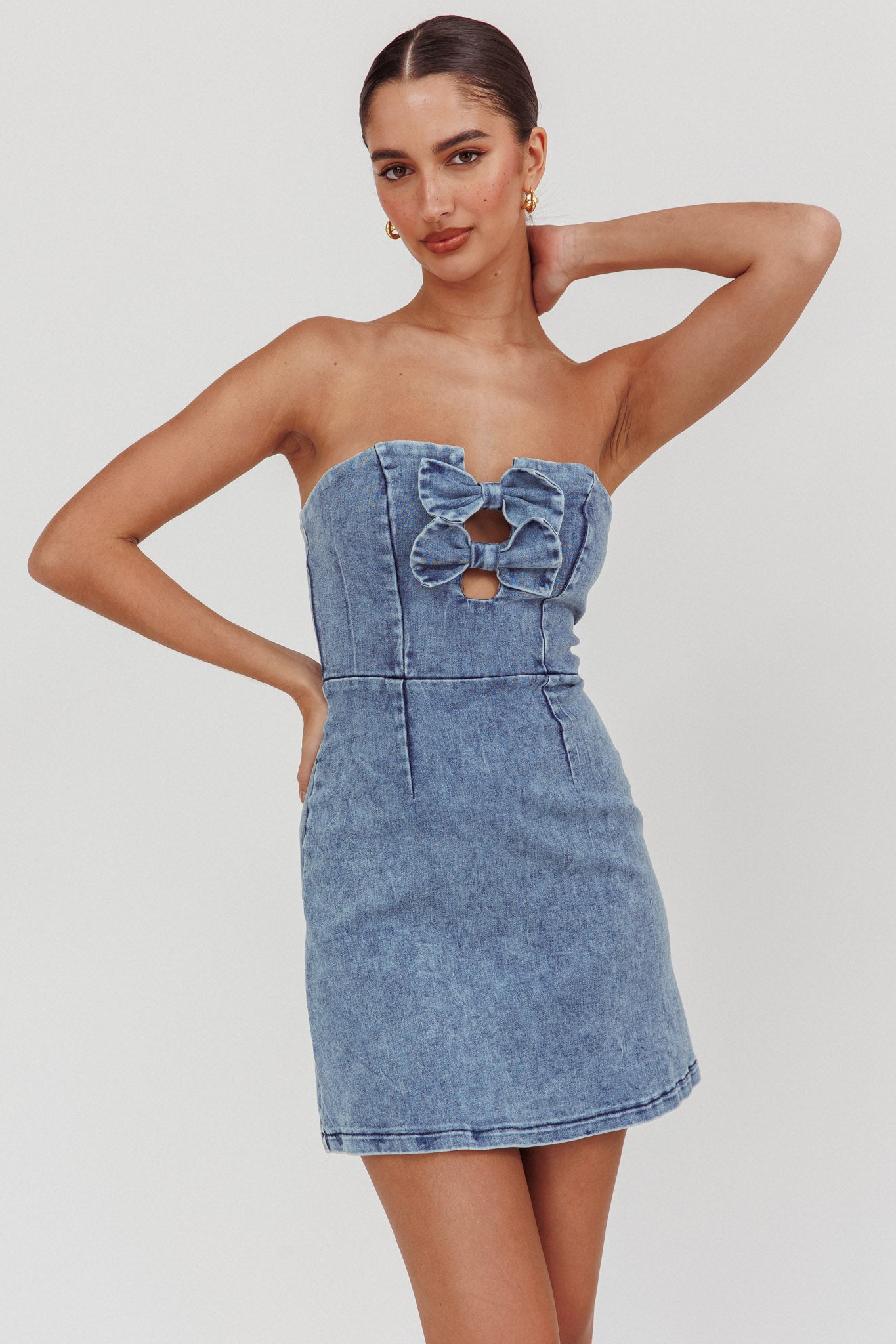 strapless denim bodycon dress All For You Mini Blue SS26 DROP 1 31.0 Waist Bateau A-Line Floor Length Size:42Regular