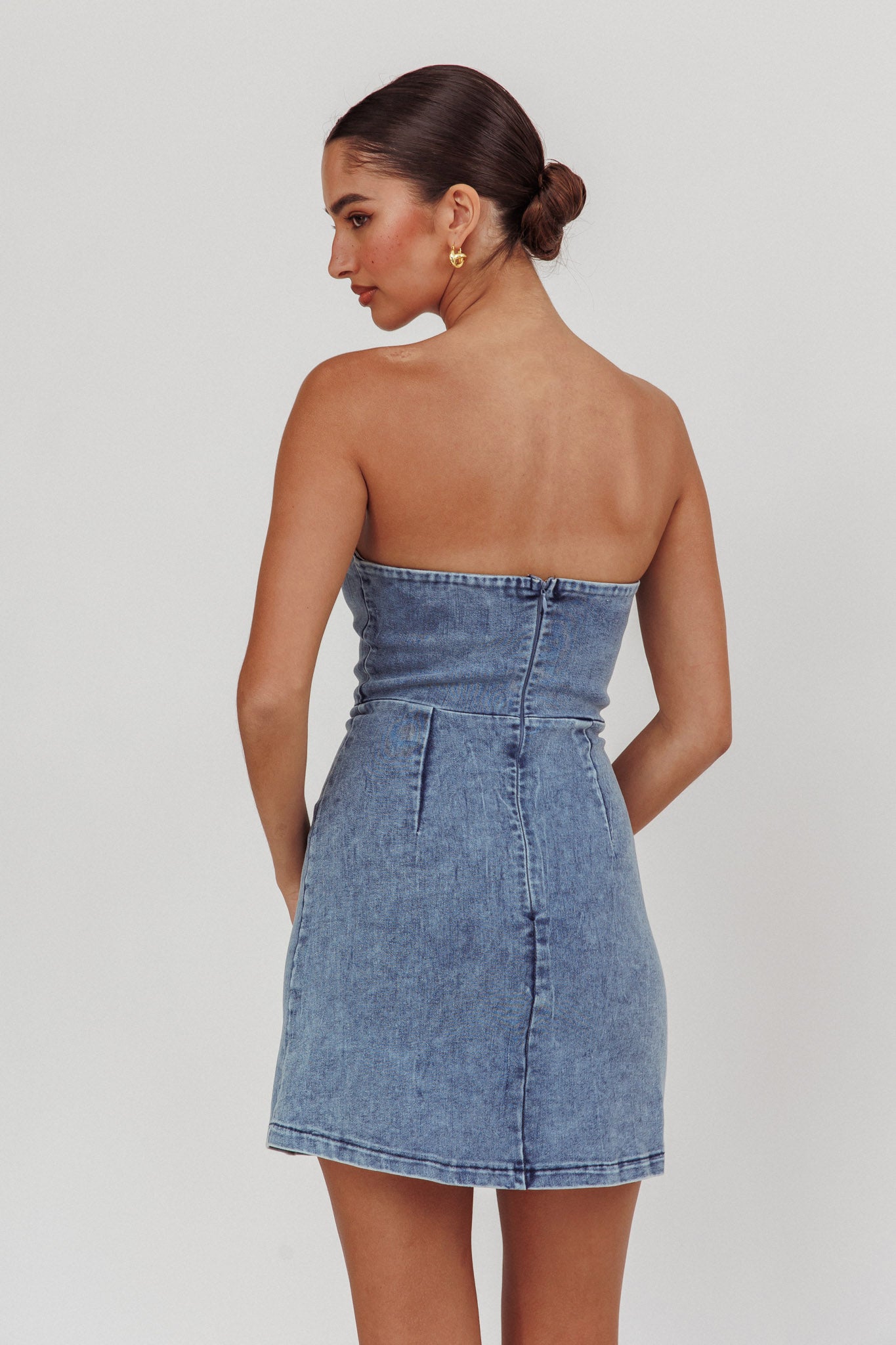 Ameri　ADORABLE BACK RIBBON DENIM DRESS Plus Size A-Line Denim Dress - Rhinestone Accents, Puffy