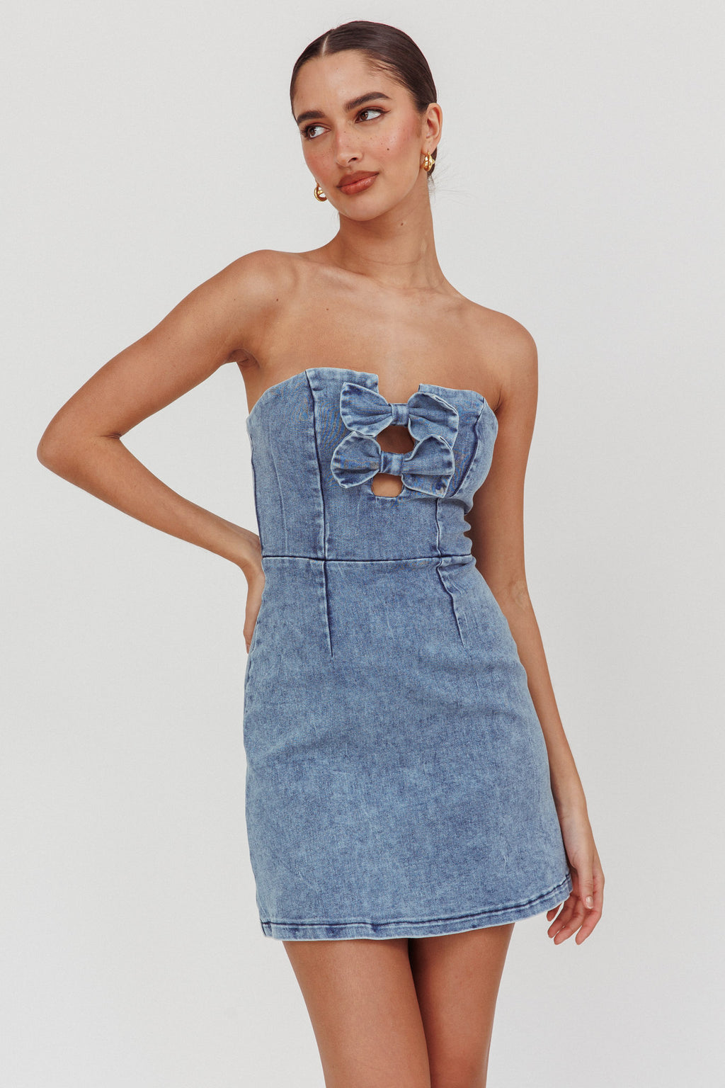 All For You Strapless Mini Dress Blue Denim by Selfie Leslie