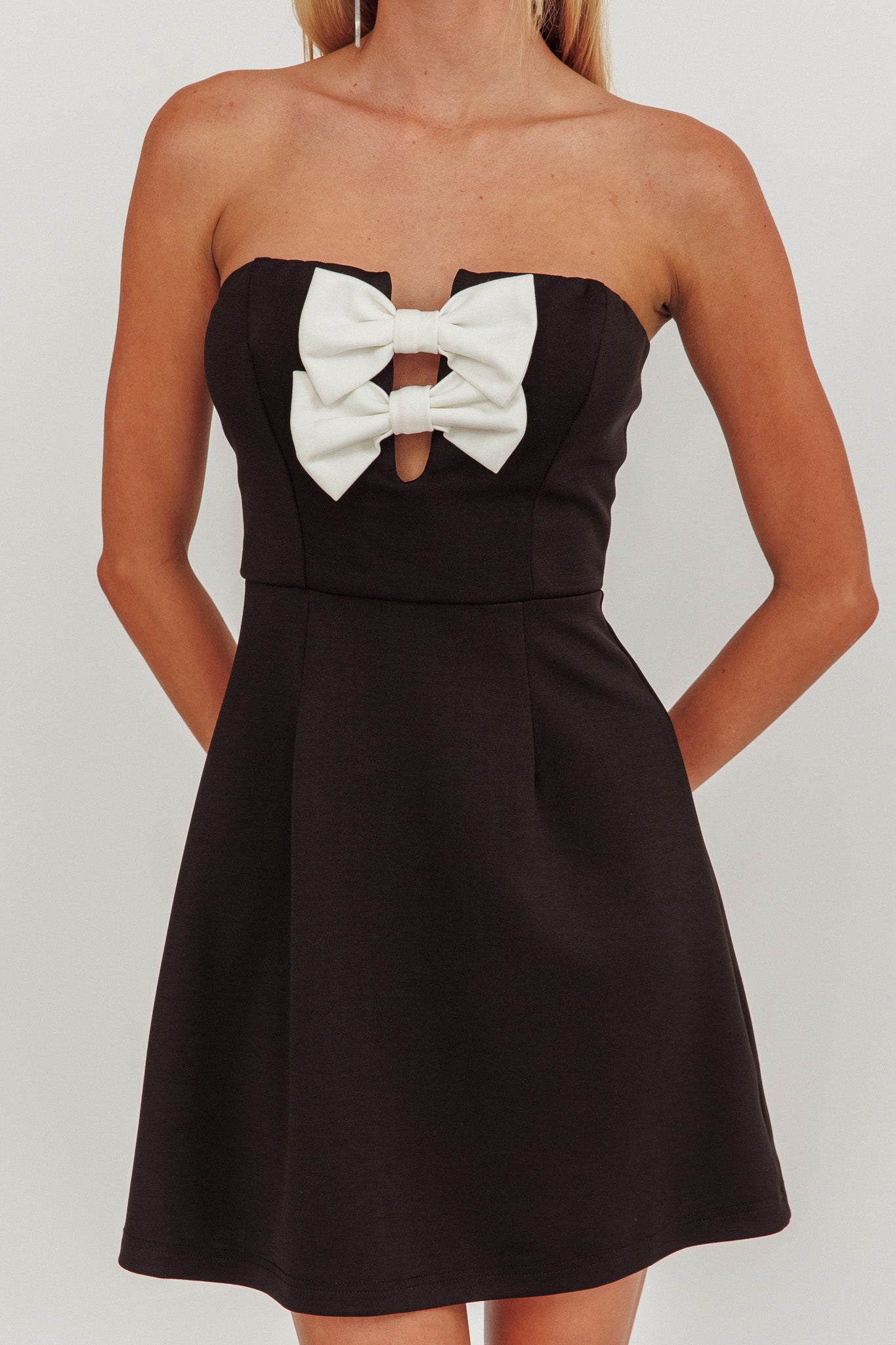 All For You Bow Strapless Mini Dress Black by Selfie Leslie