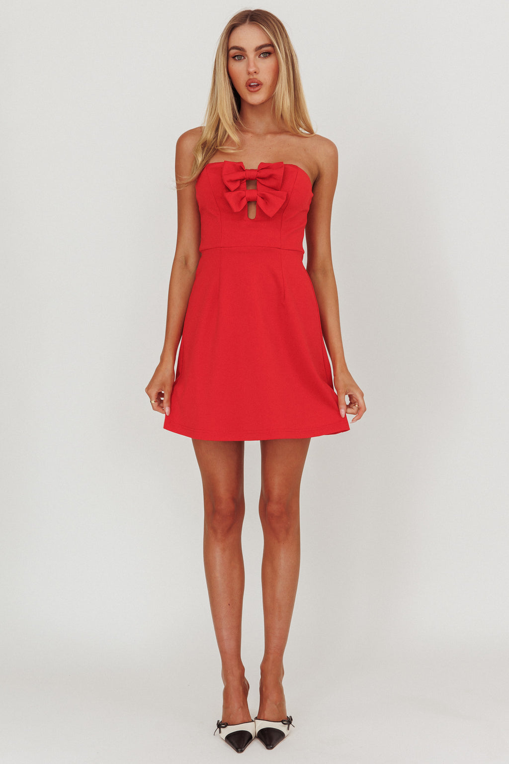 All For You Bow Strapless Mini Dress Red by Selfie Leslie
