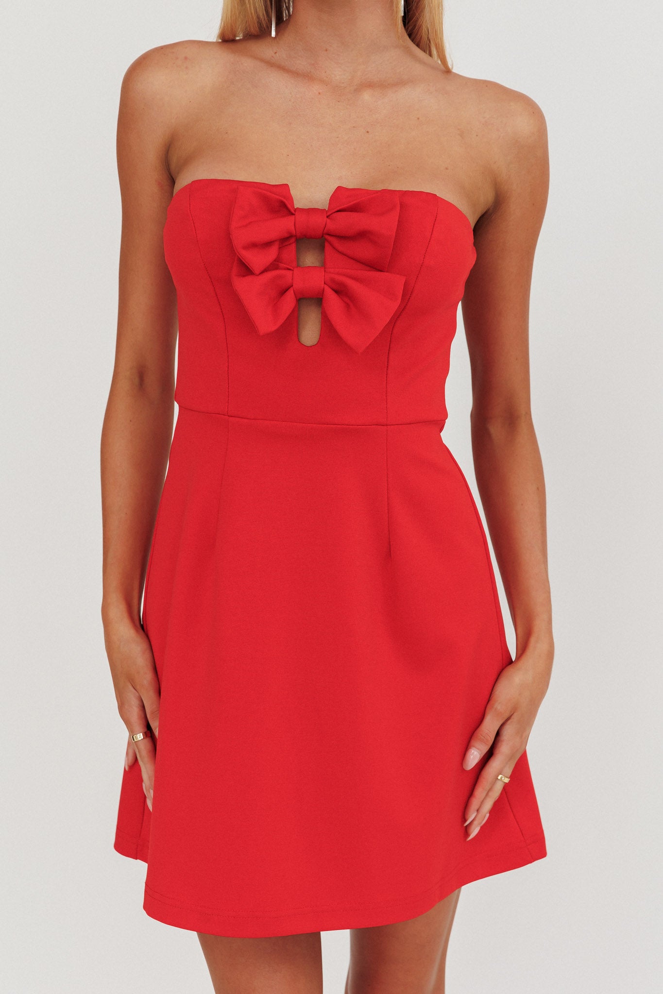 All For You Bow Strapless Mini Dress Red by Selfie Leslie