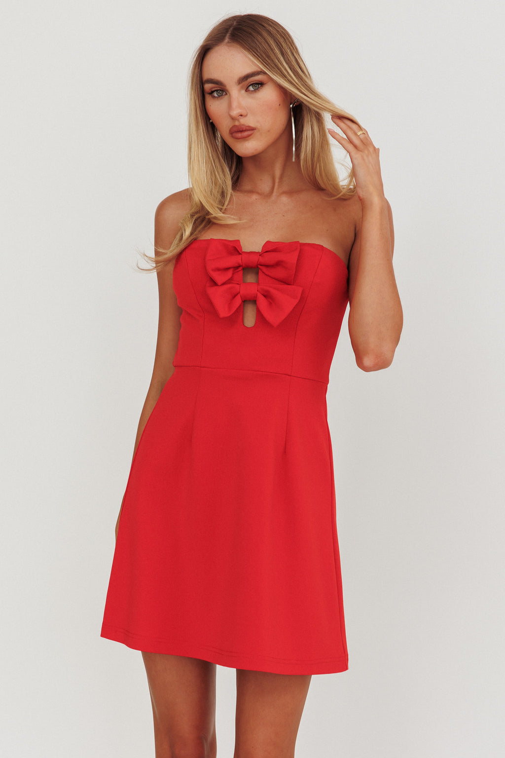 All For You Bow Strapless Mini Dress Red by Selfie Leslie