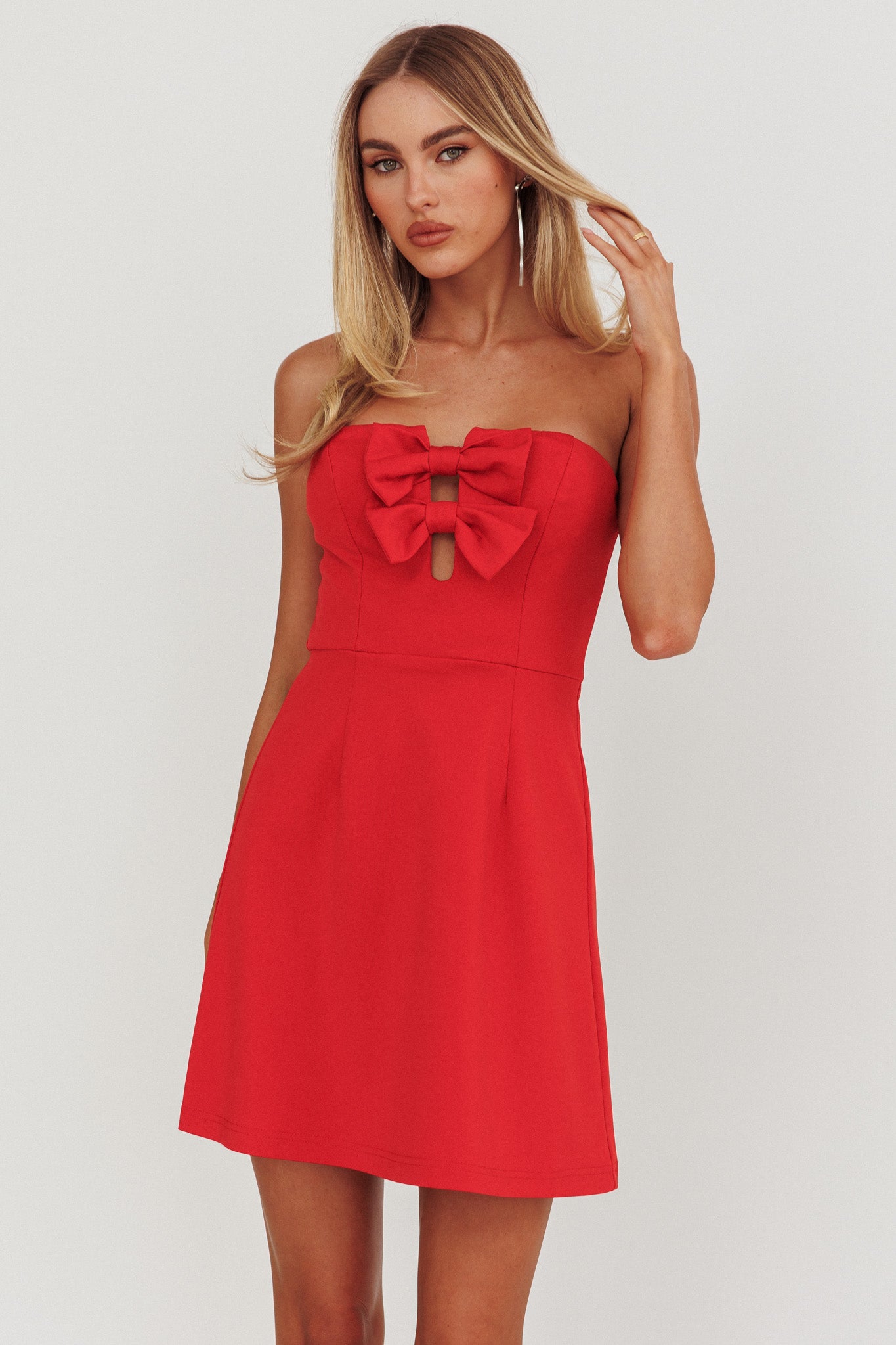 All For You Bow Strapless Mini Dress Red by Selfie Leslie