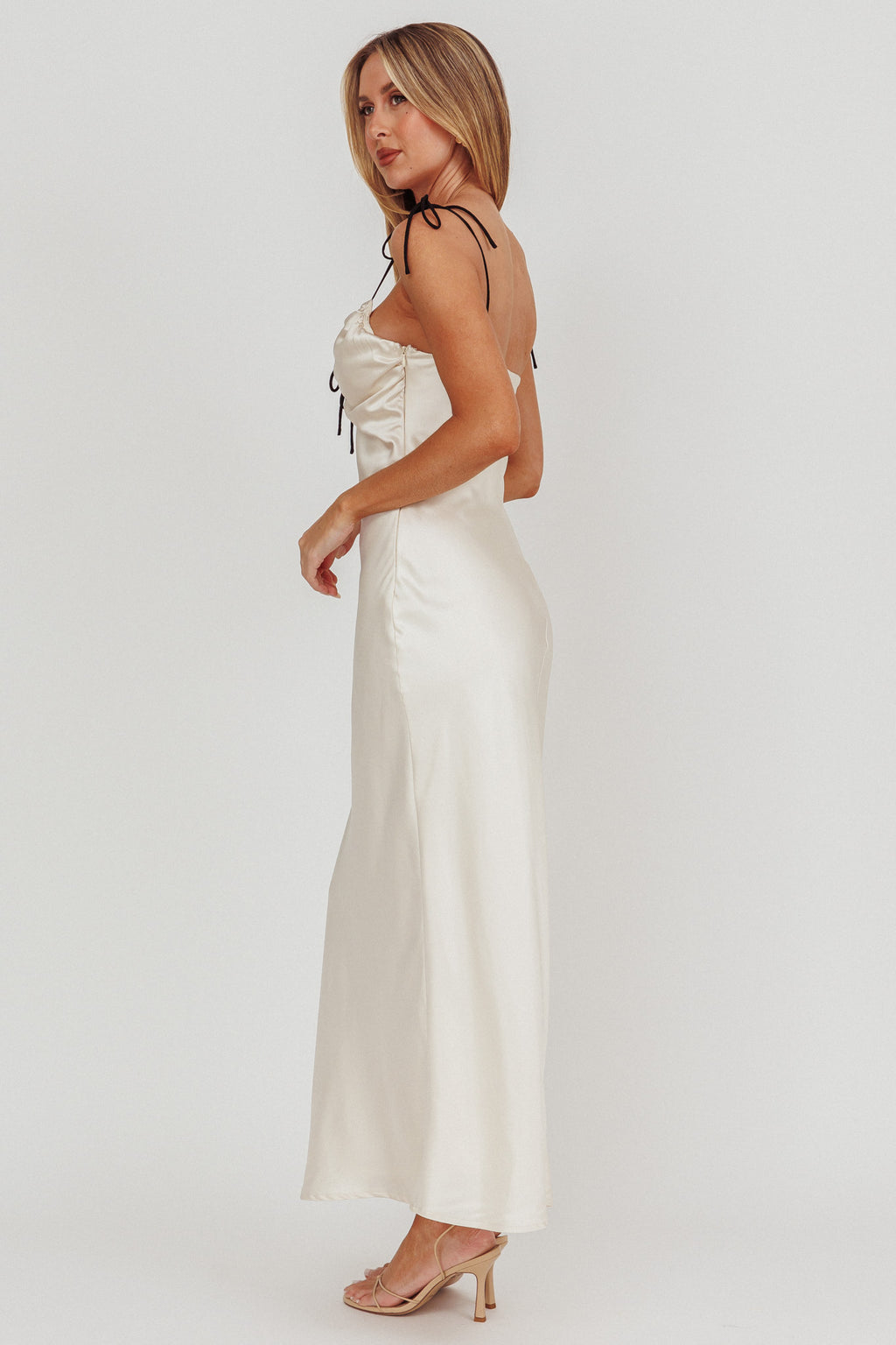 Slow Burn Tied Shoulders Satin Maxi Dress Oyster by Selfie Leslie