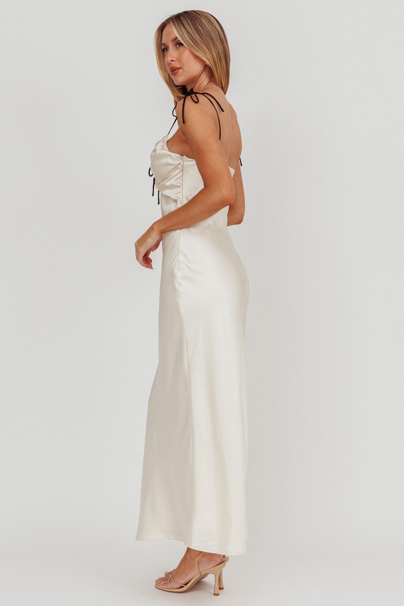 Slow Burn Tied Shoulders Satin Maxi Dress Oyster by Selfie Leslie