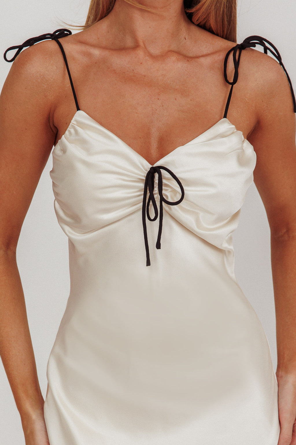 Slow Burn Tied Shoulders Satin Maxi Dress Oyster by Selfie Leslie