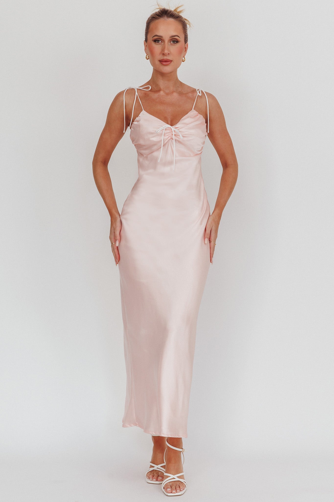 Slow Burn Tied Shoulders Satin Maxi Dress Pink by Selfie Leslie