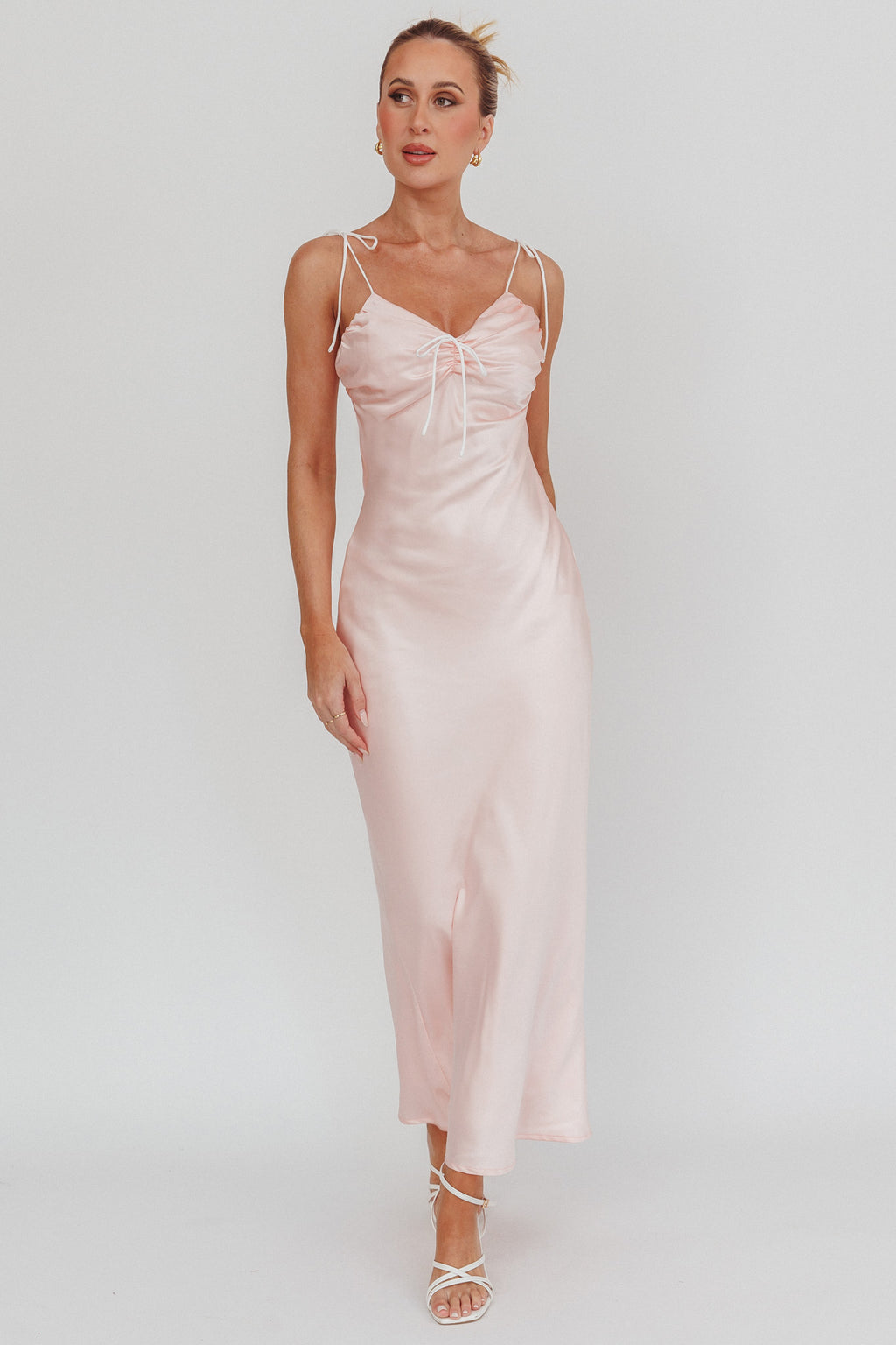 Slow Burn Tied Shoulders Satin Maxi Dress Pink by Selfie Leslie