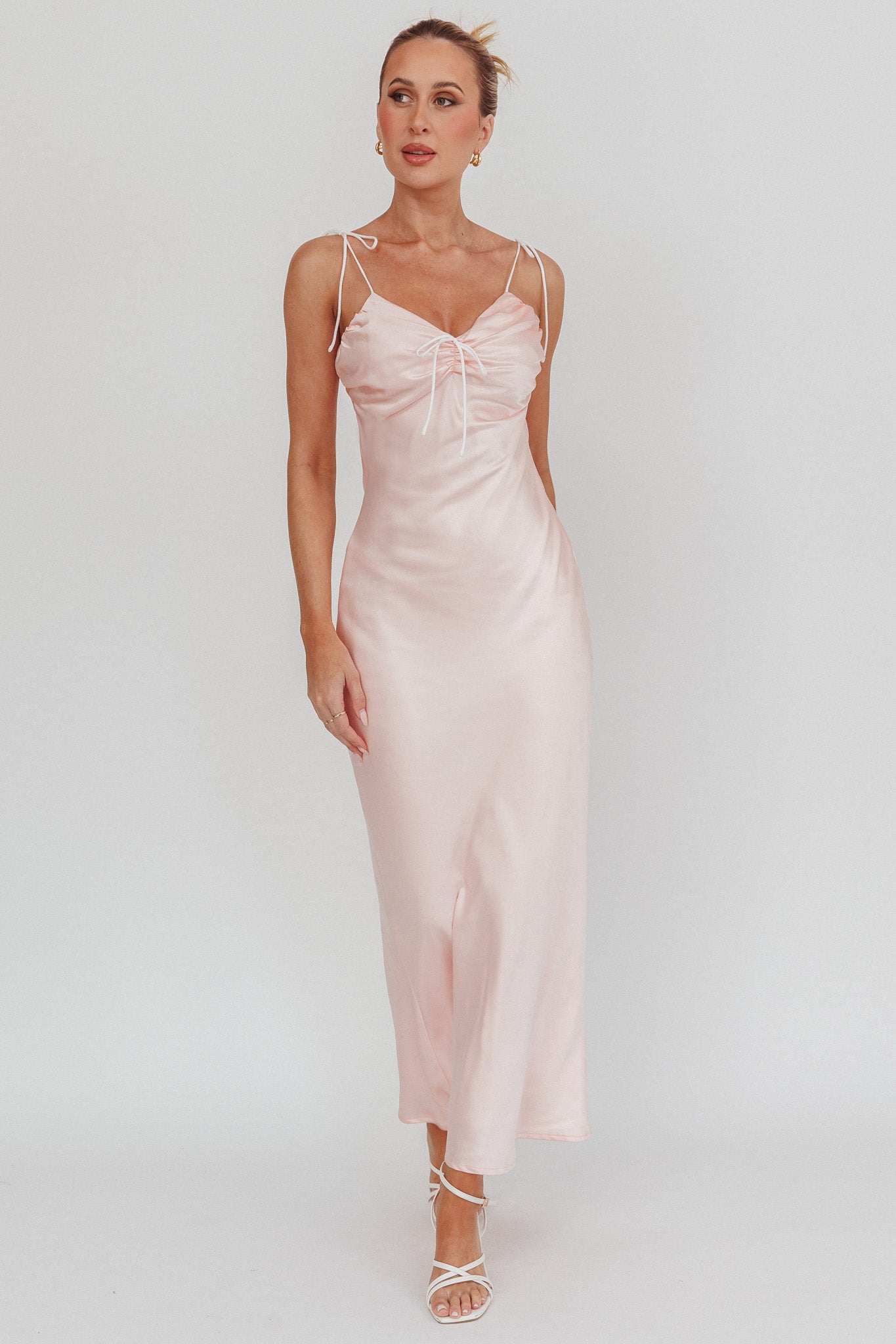 Slow Burn Tied Shoulders Satin Maxi Dress Pink by Selfie Leslie