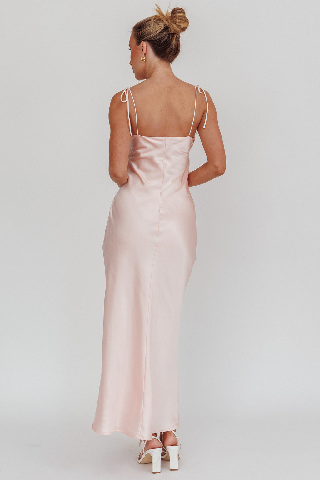 Slow Burn Tied Shoulders Satin Maxi Dress Pink by Selfie Leslie